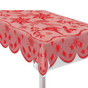 Red Lace Fabric Tablecover. 82in
