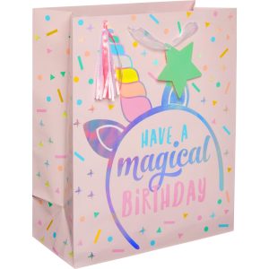 Large Glossy Magical Unicorn Birthday Gift Bag. 10.5in x 13in