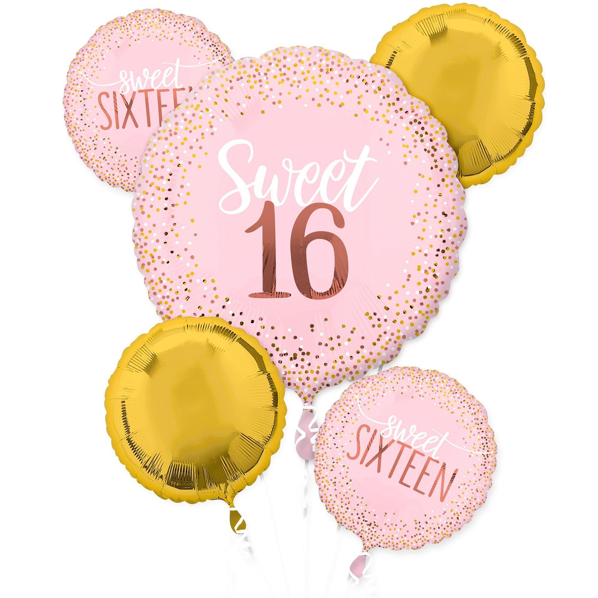 Blush Pink & Gold Sweet 16 Birthday Foil Balloon Bouquet. 5pc