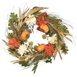 Natural Grass Fall Wreath with Foam Pumpkins & Mums. 18in