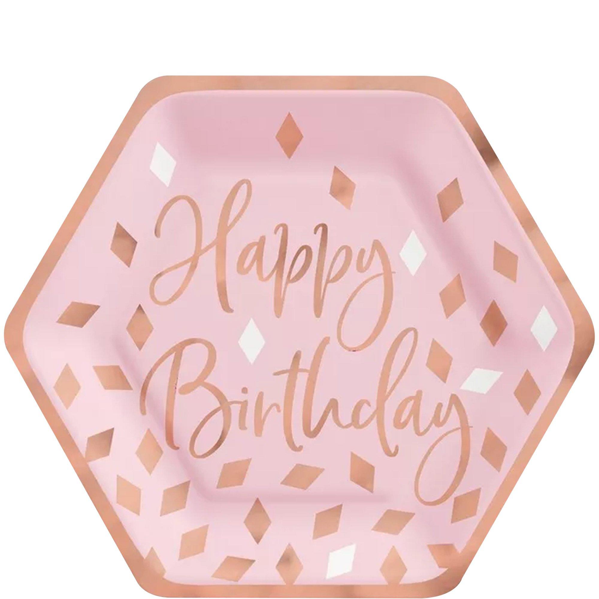 Metallic Blush Birthday Hexagon Dessert Plates. 7in. 8ct