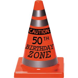50th Birthday Safety Cone Plastic Decoration. 4.5in x 6.5in