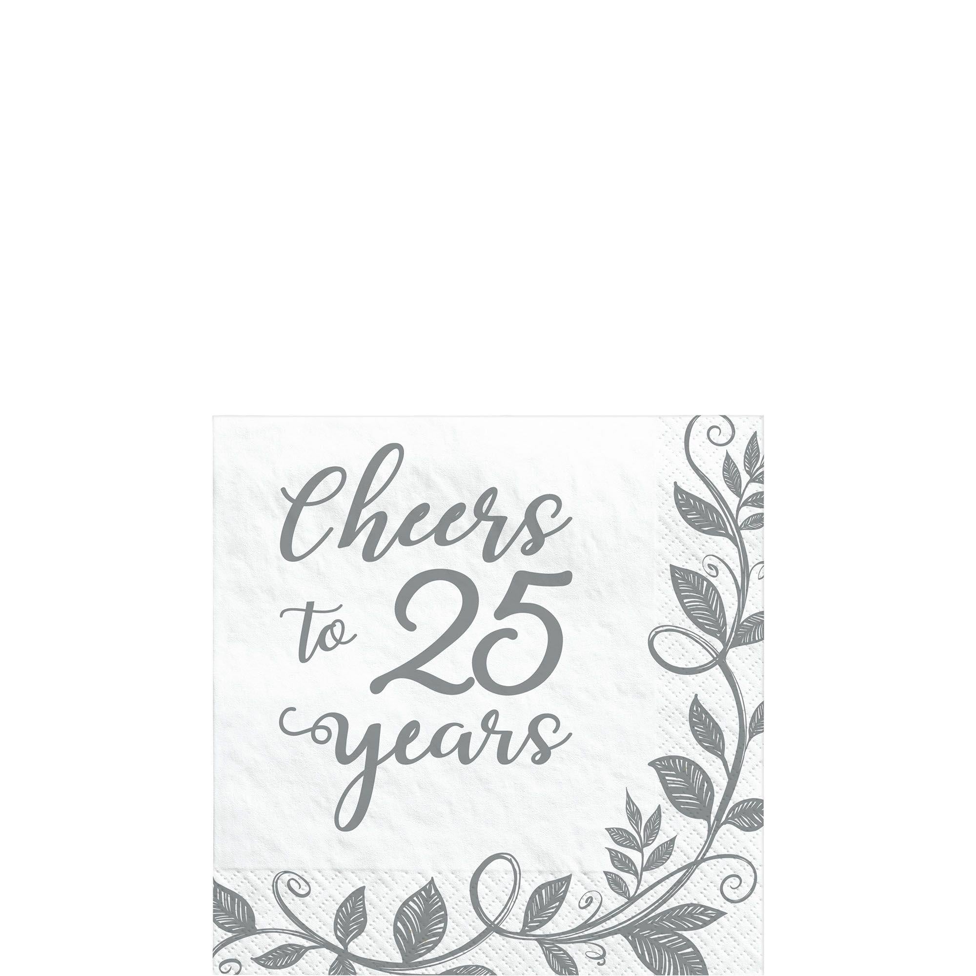 Silver Cheers to 25 Years Anniversary Paper Beverage Napkins. 5in. 16ct