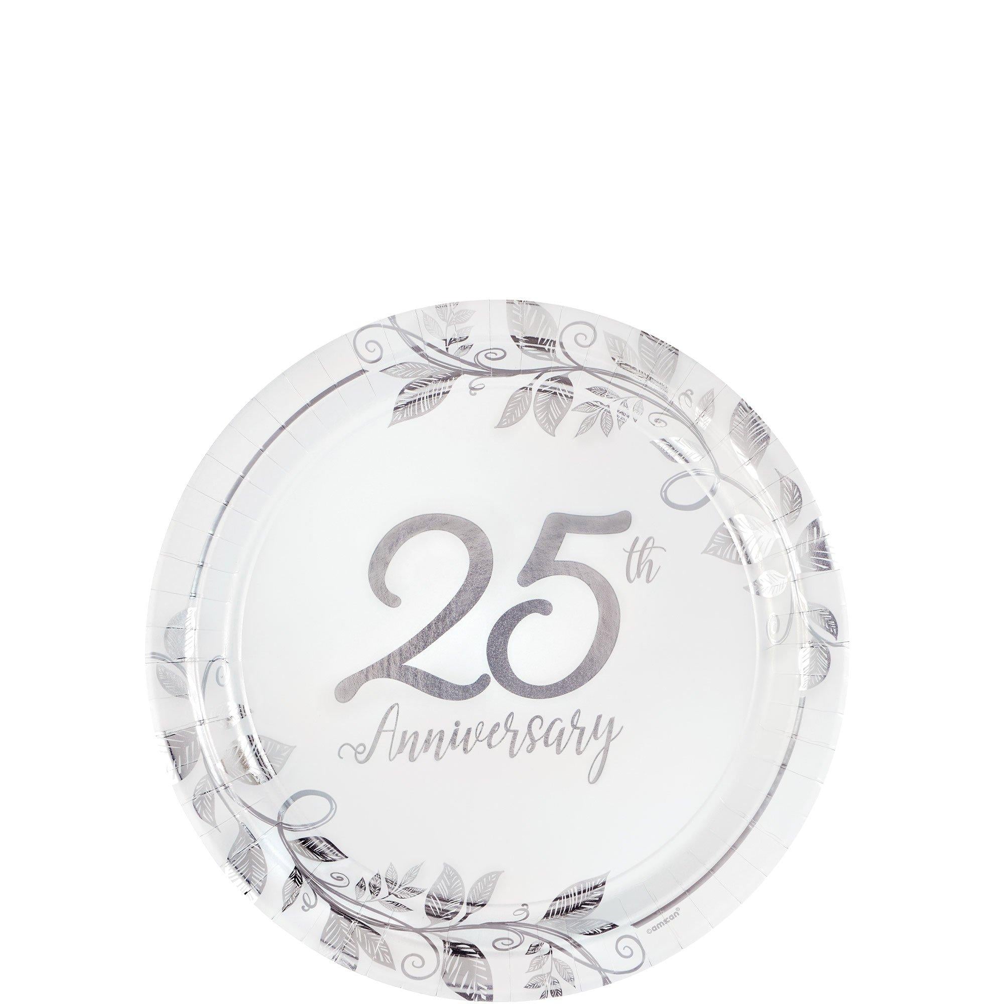 Metallic Silver 25th Anniversary Paper Dessert Plates. 7in. 8ct
