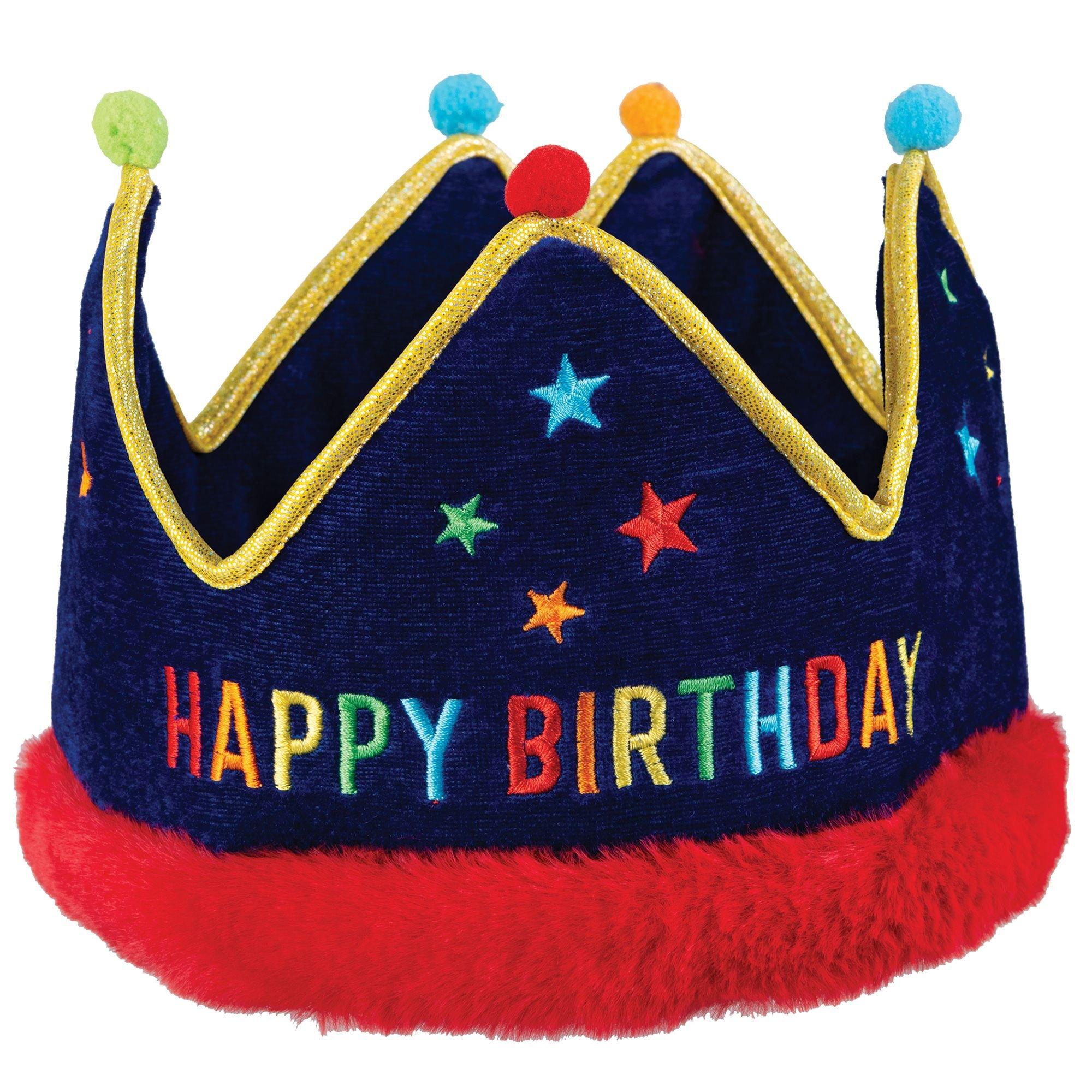 Blue Pom-Pom Birthday Fabric Crown. 7.5in x 5.5in