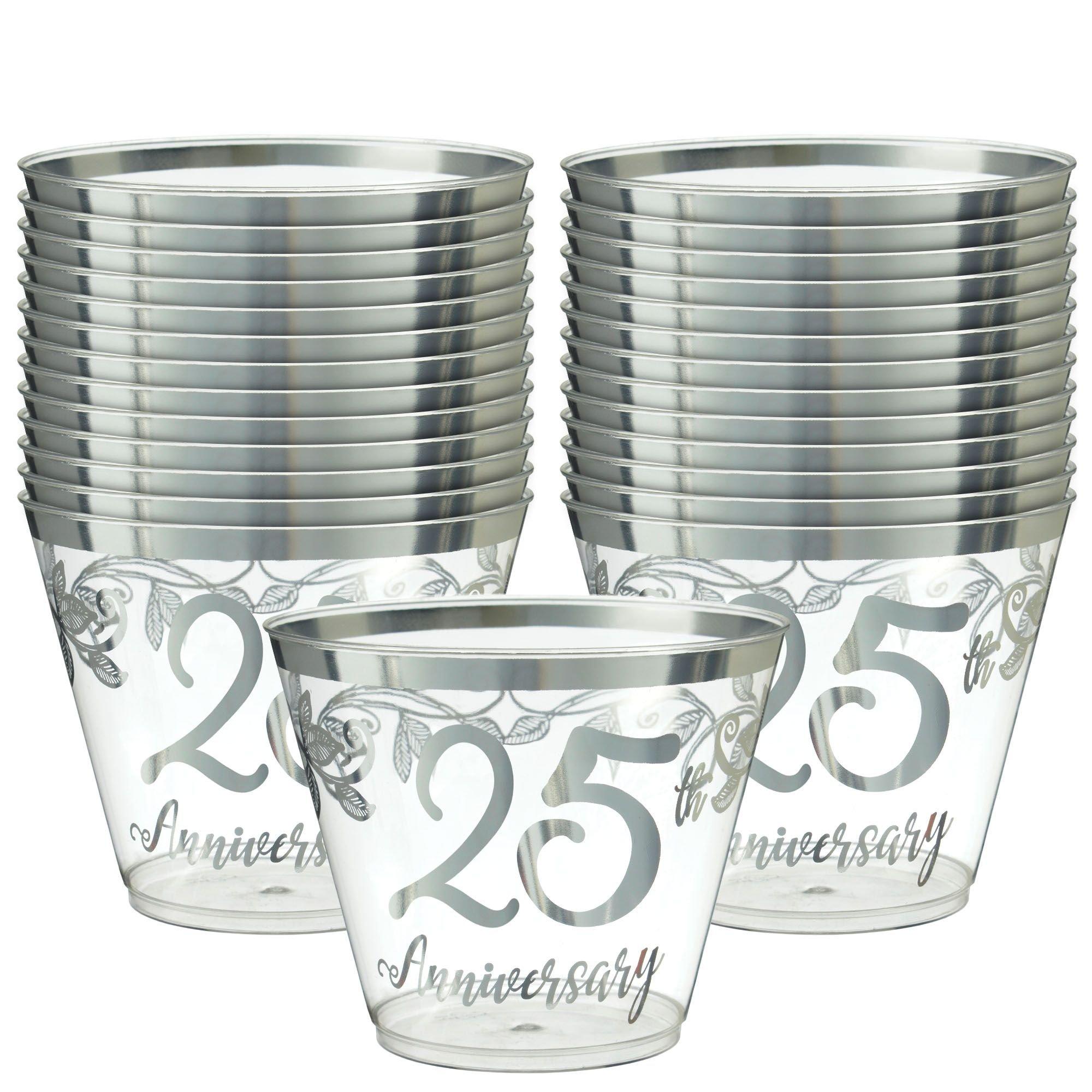 Metallic Silver 25th Anniversary Plastic Tumbler Cups. 9oz. 30ct