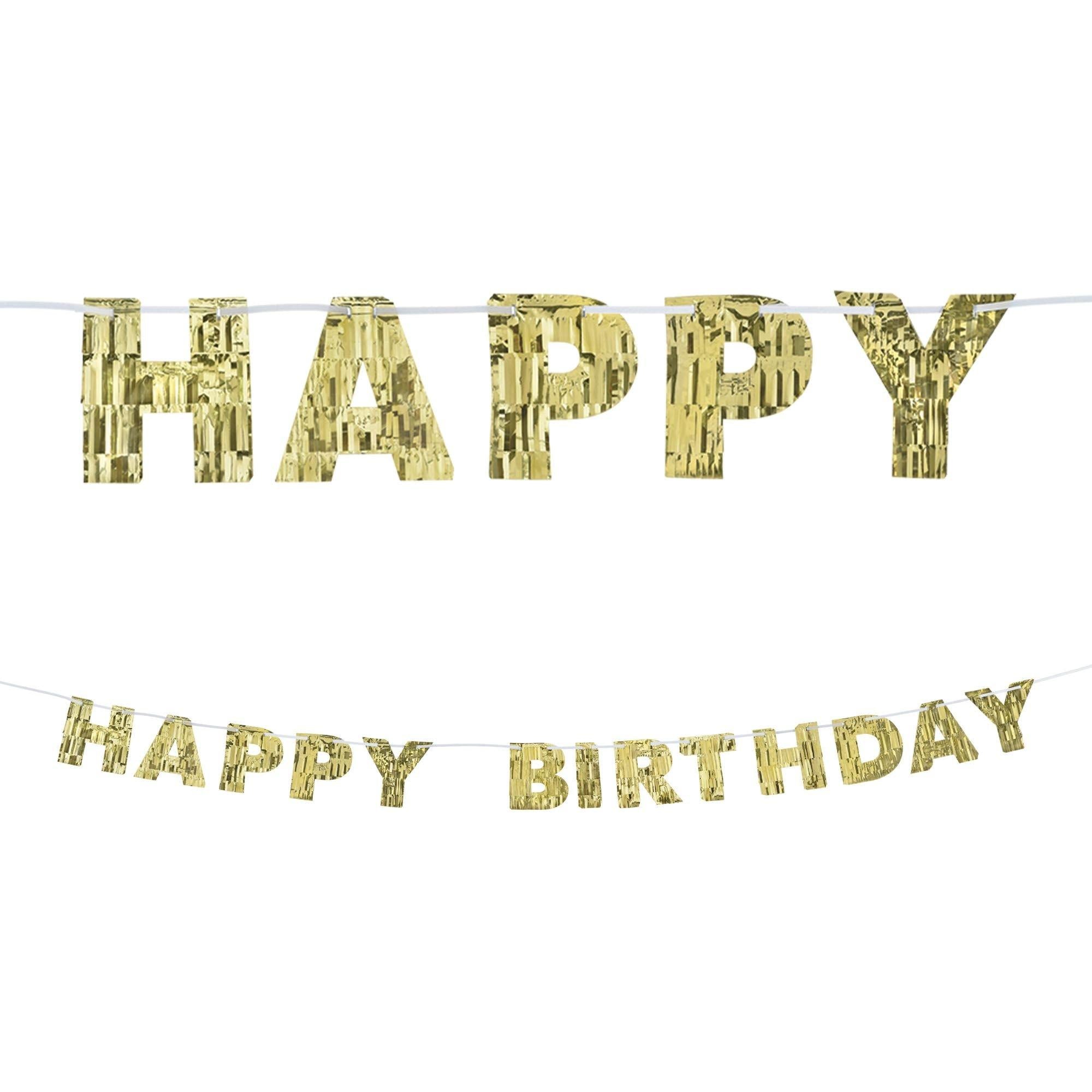 Metallic Golden Age Happy Birthday Fringe Foil Letter Banner. 7.8ft