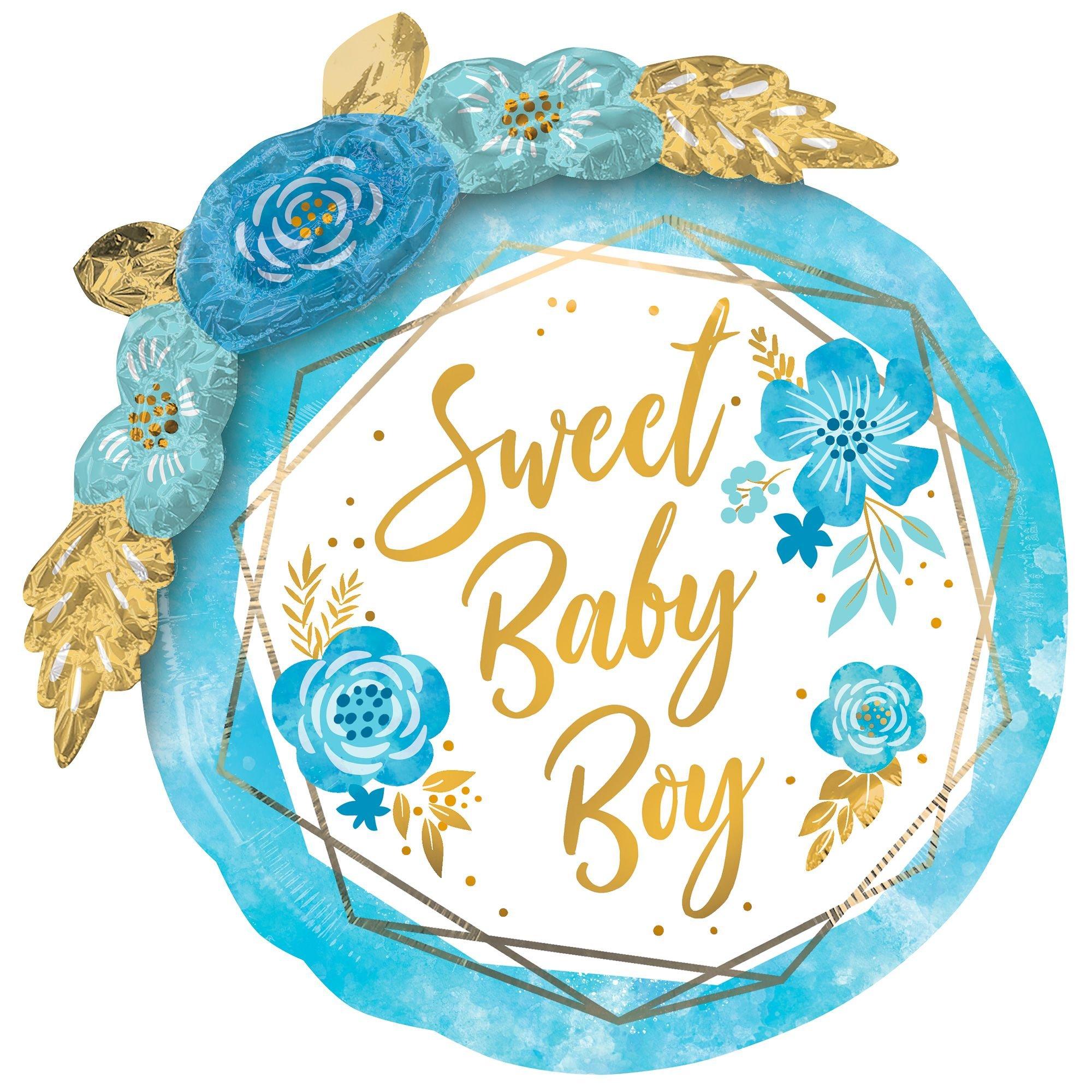 Blue Floral & Geometric Sweet Baby Boy Foil Balloon. 36in