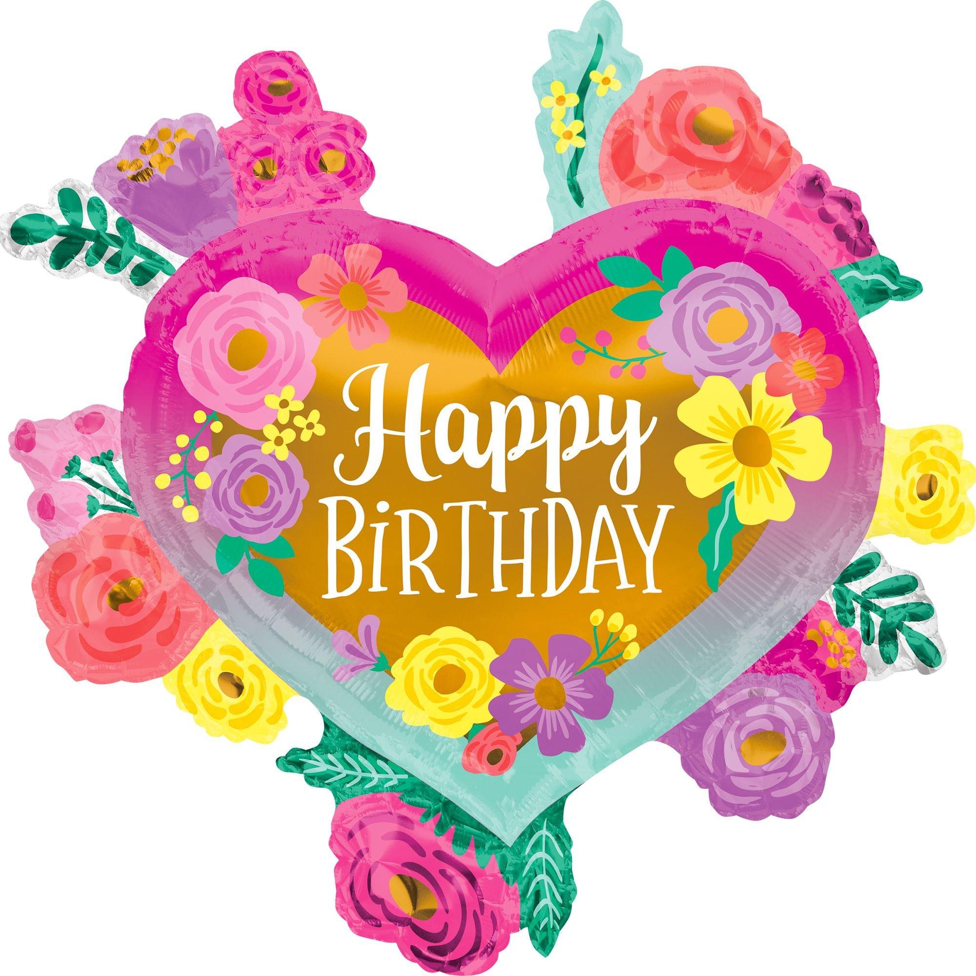 Painted Flowers Happy Birthday Heart Foil Balloon. 27in