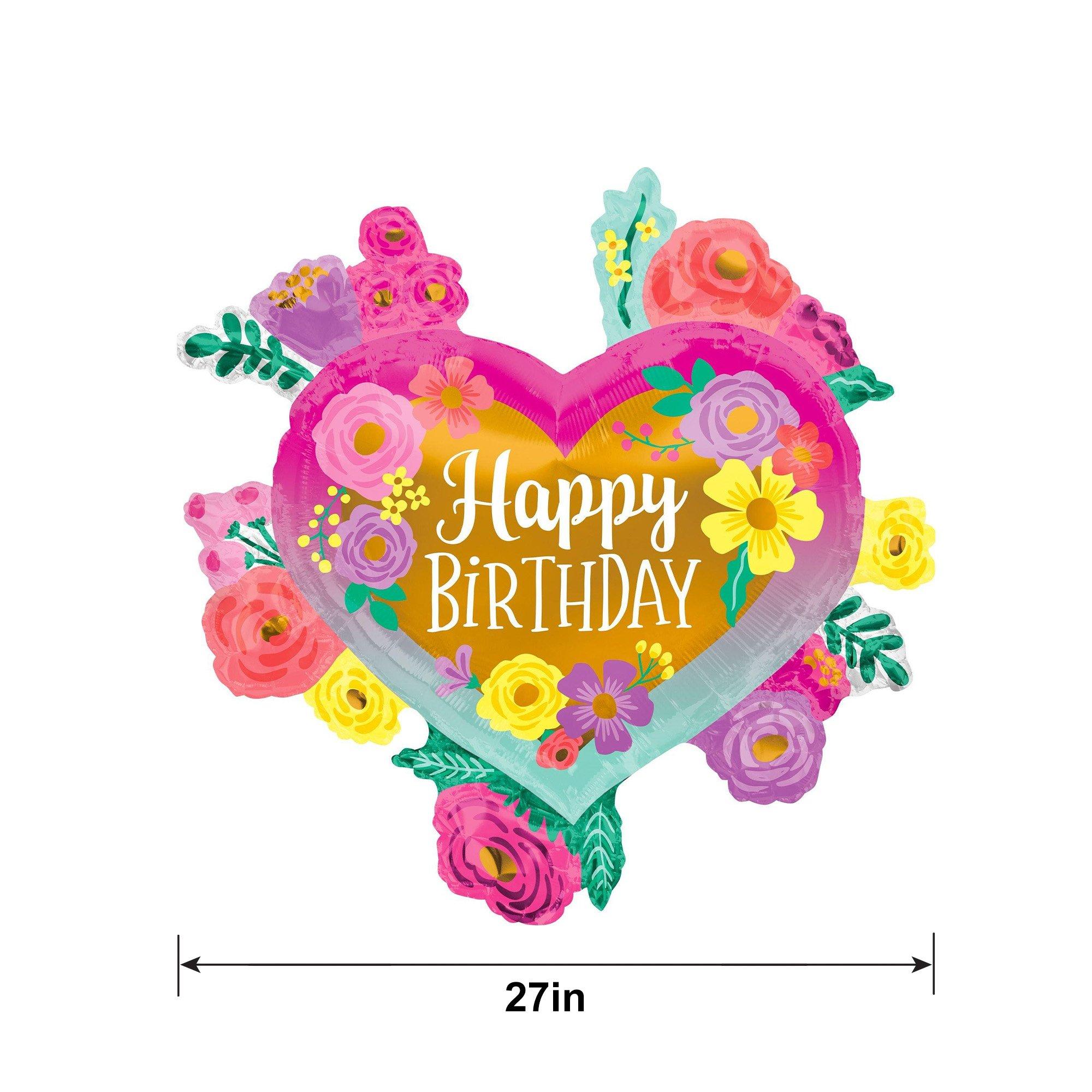Painted Flowers Happy Birthday Heart Foil Balloon. 27in - Image 2