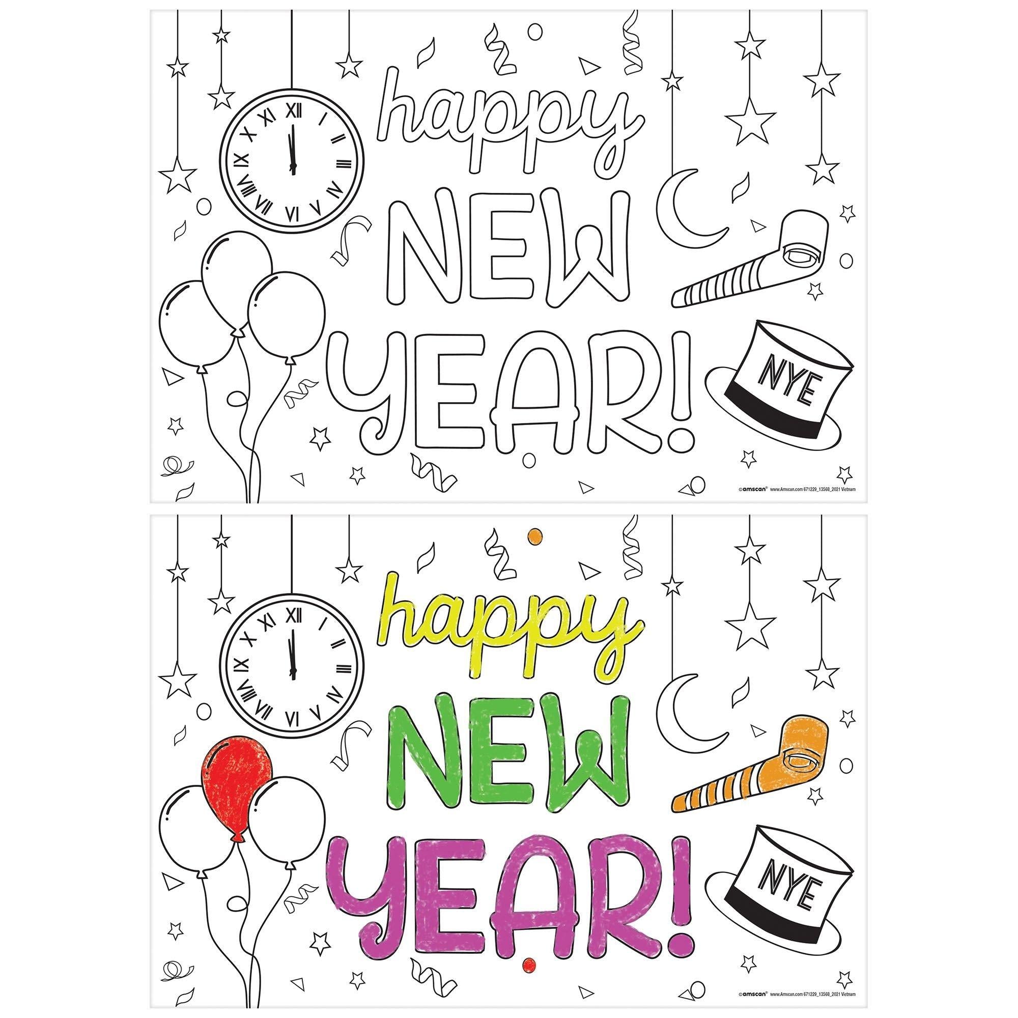 Happy New Year Coloring Paper Placemats. 16in x 11in. 24ct