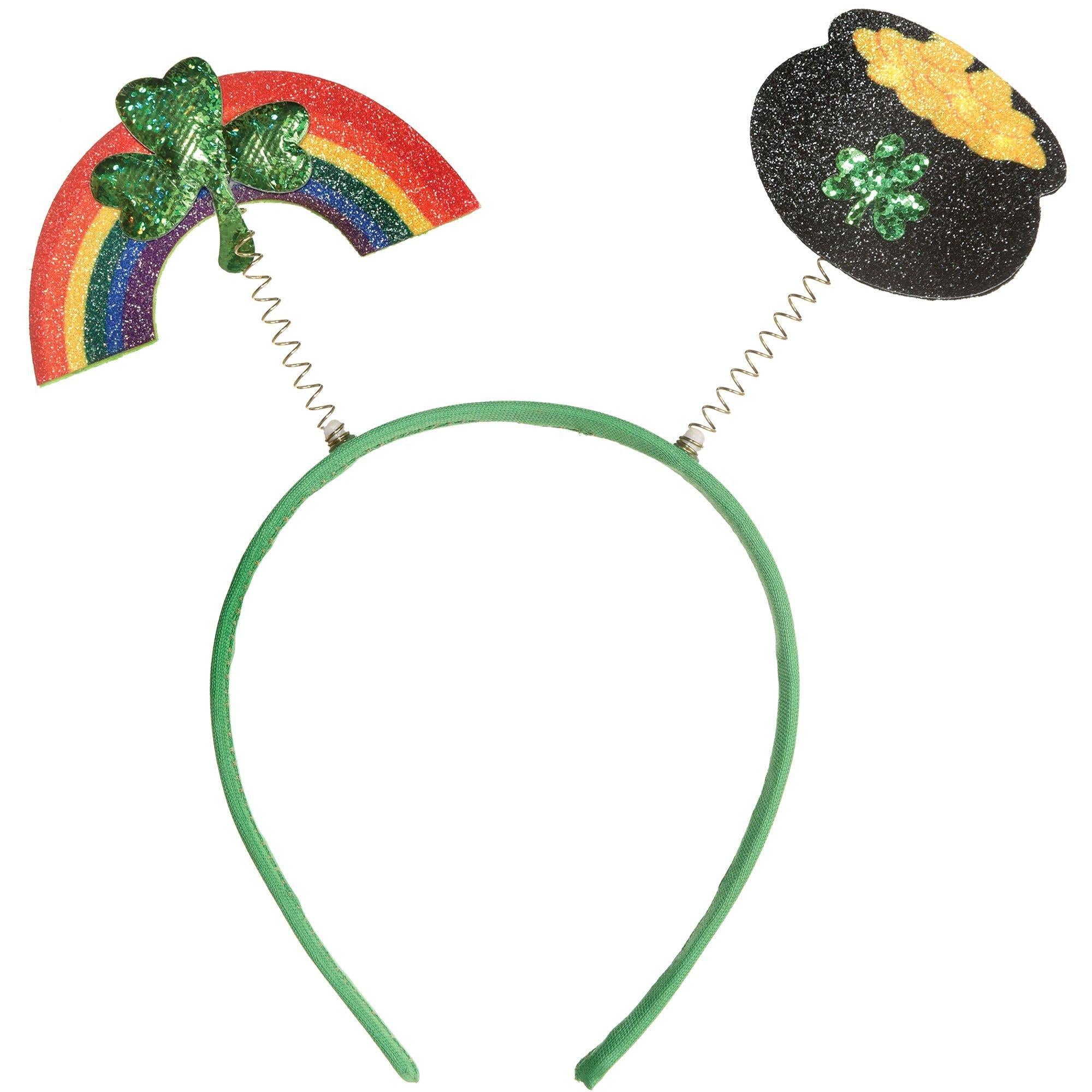 Glitter Rainbow & Pot of Gold St. Patrick's Day Fabric & Plastic Head Bopper. 7.9in x 9in