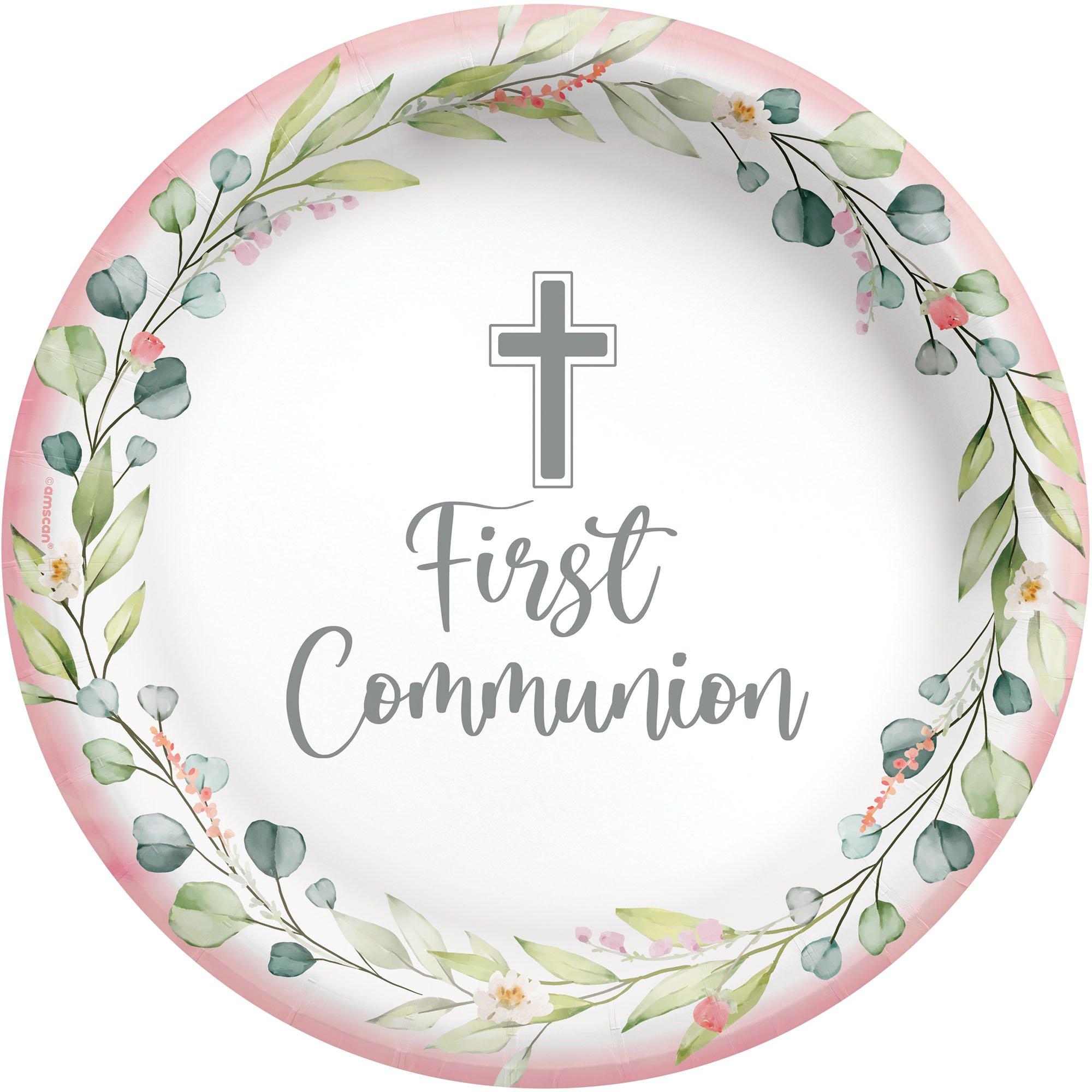 Pink My First Communion Paper Dinner Plates. 10in. 20ct