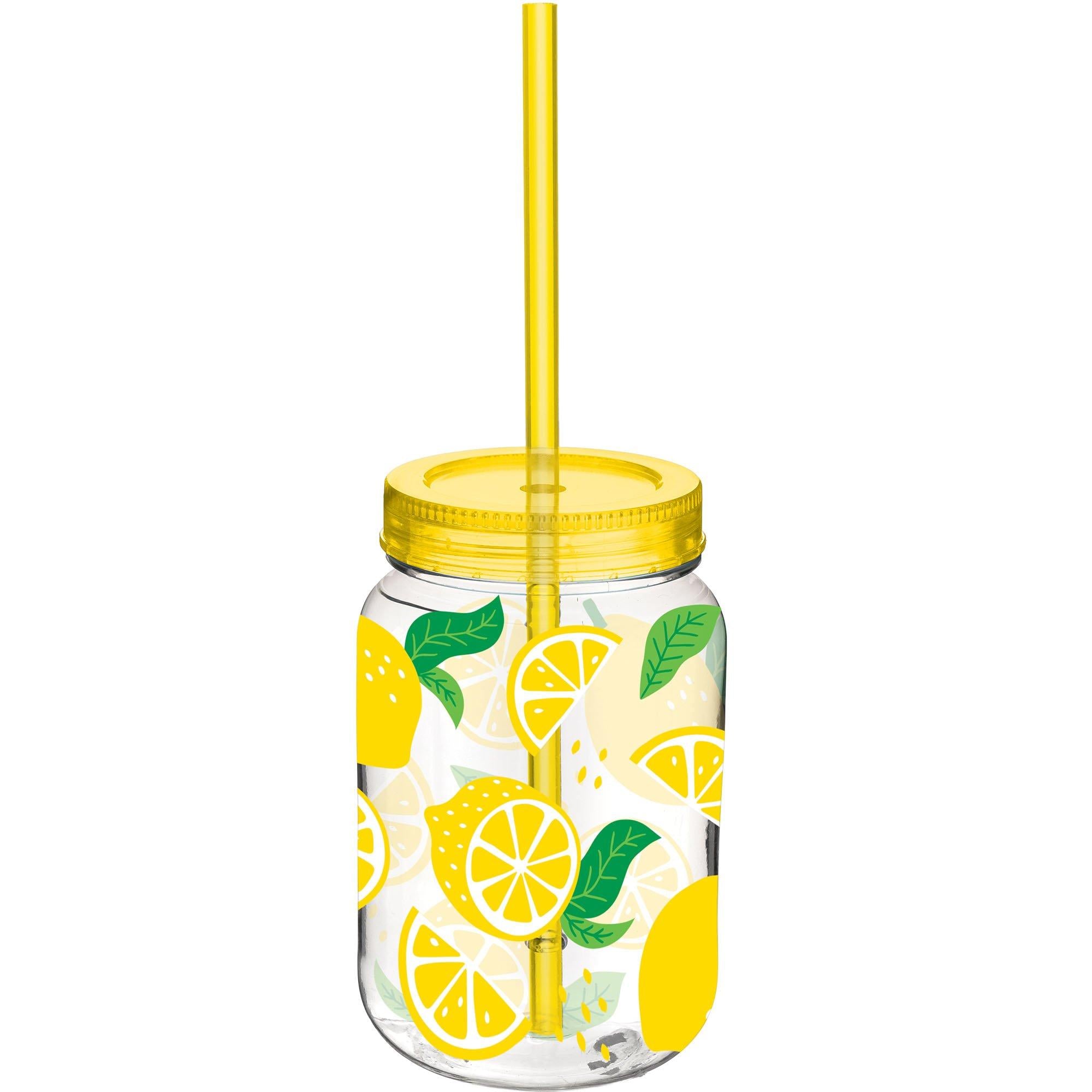 Summer Lemon Plastic Mason Jar Cup with Straw. 16oz - Image 2