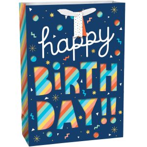 Large Happy Birthday Rainbow Stripe Cutout Paper Gift Bag. 12.5in x 17in