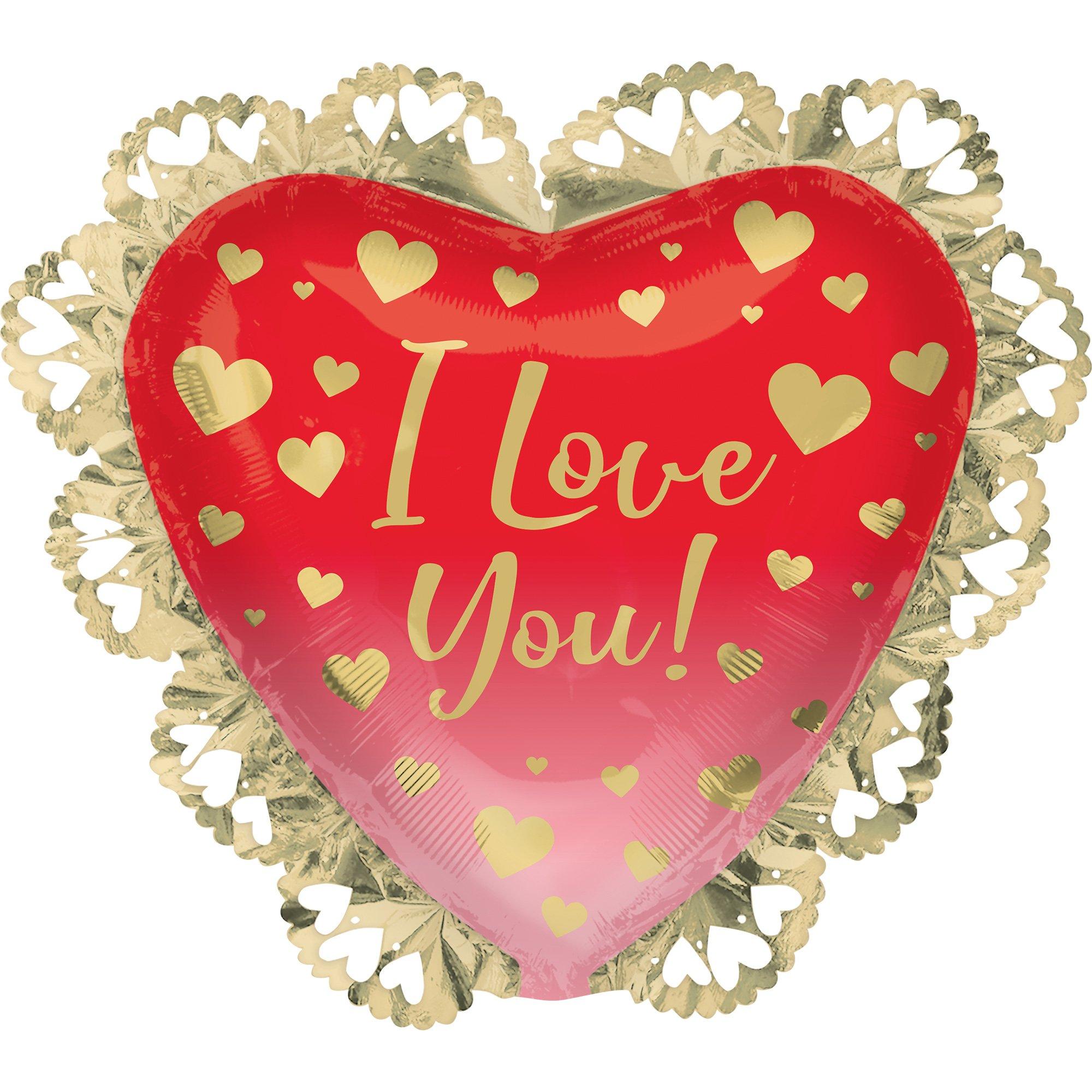 Gold. Pink & Red Ombre I Love You Heart Foil Balloon. 23in x 21in