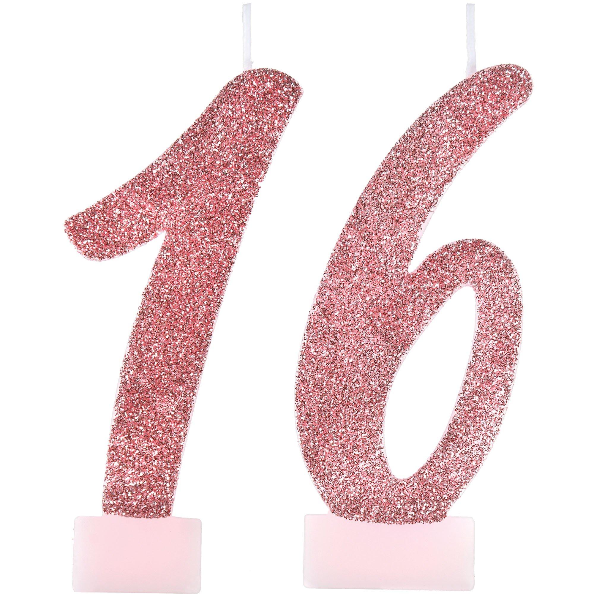 Glitter Rose Gold Number 16 Birthday Candles. 3in. 2pc - Sweet Sixteen