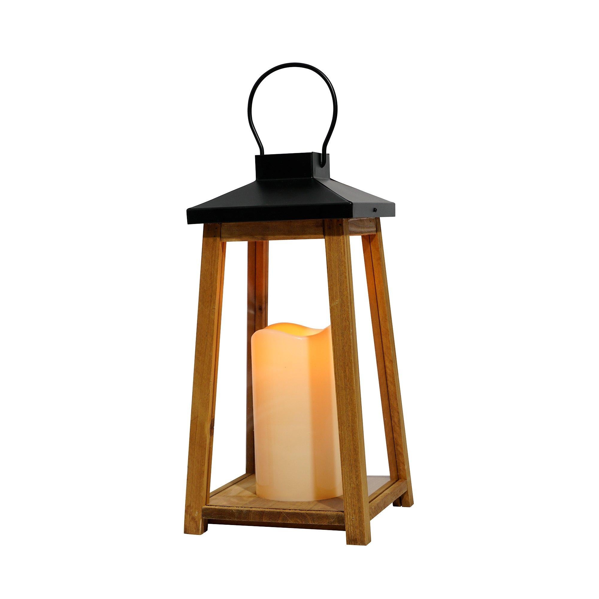Metal & Wood Lantern with Flickering LED Candle. 6in x 14in - Image 2