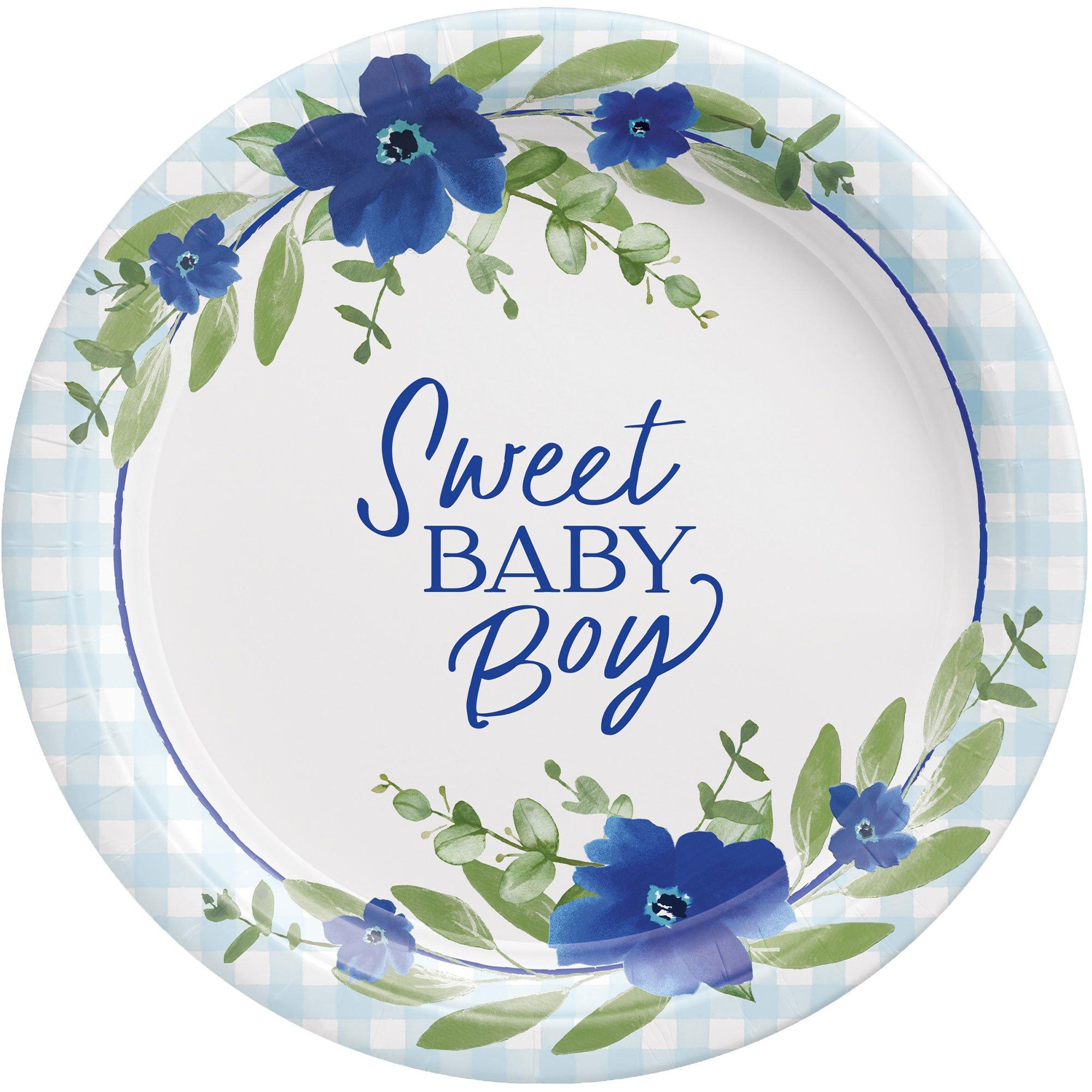 Sweet Baby Boy Baby in Bloom Baby Shower Paper Dinner Plates. 10.5in. 8ct