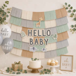 Hello Baby Soft Jungle Baby Shower Fringe Banner Backdrop with Cutouts. 5ft x 4.8ft