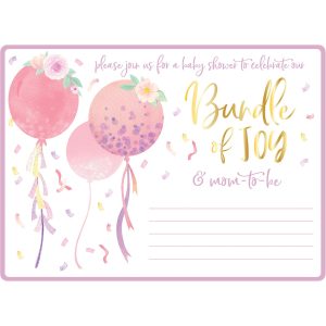 Pink Balloons & Confetti Baby Shower Cardstock Invitations. 8ct