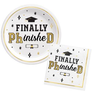 Black. White. & Gold PhD Graduation Lunch Plates (9in) & Lunch Napkins (6.5in) for 30 Guests
