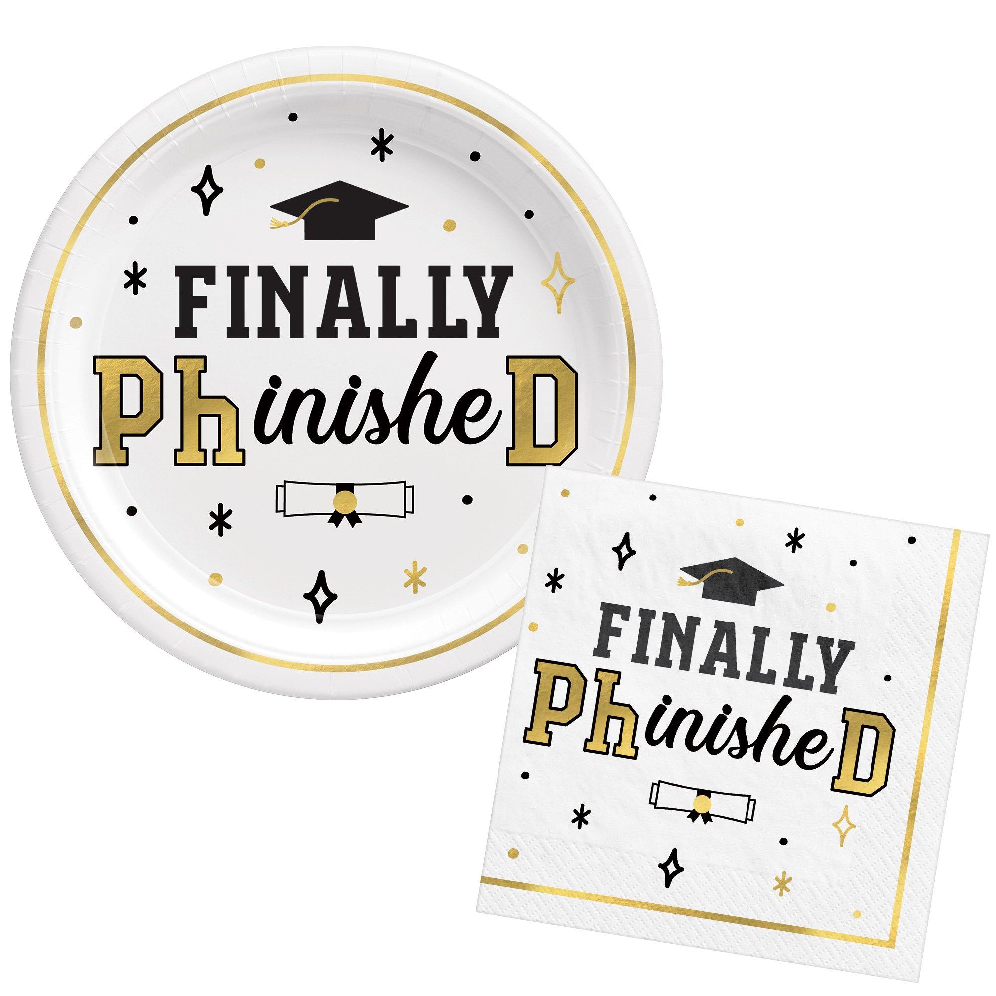 Black. White. & Gold PhD Graduation Lunch Plates (9in) & Lunch Napkins (6.5in) for 30 Guests