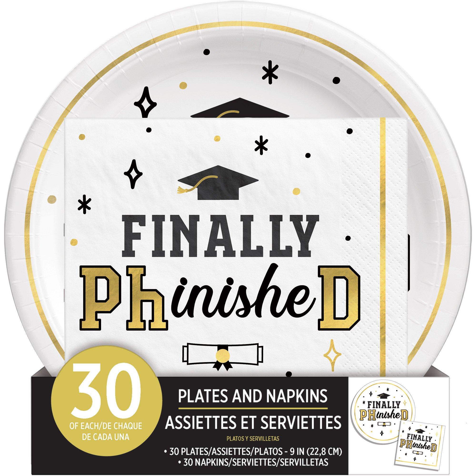 Black. White. & Gold PhD Graduation Lunch Plates (9in) & Lunch Napkins (6.5in) for 30 Guests - Image 4