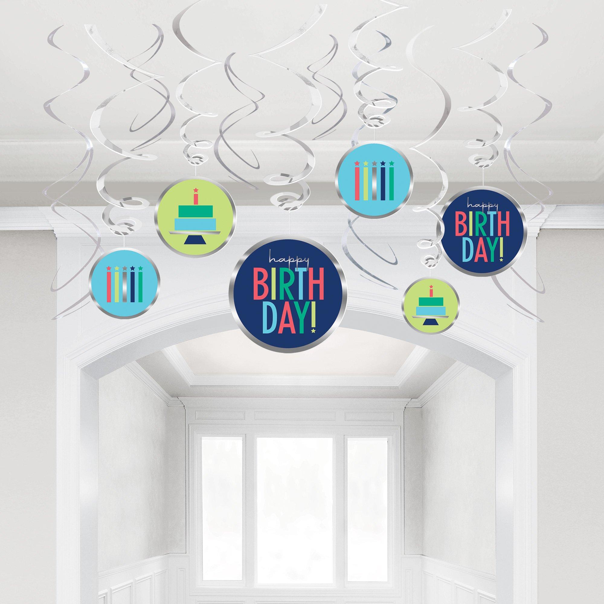 Modern Birthday Cardstock & Plastic Swirl Decorations. 12ct