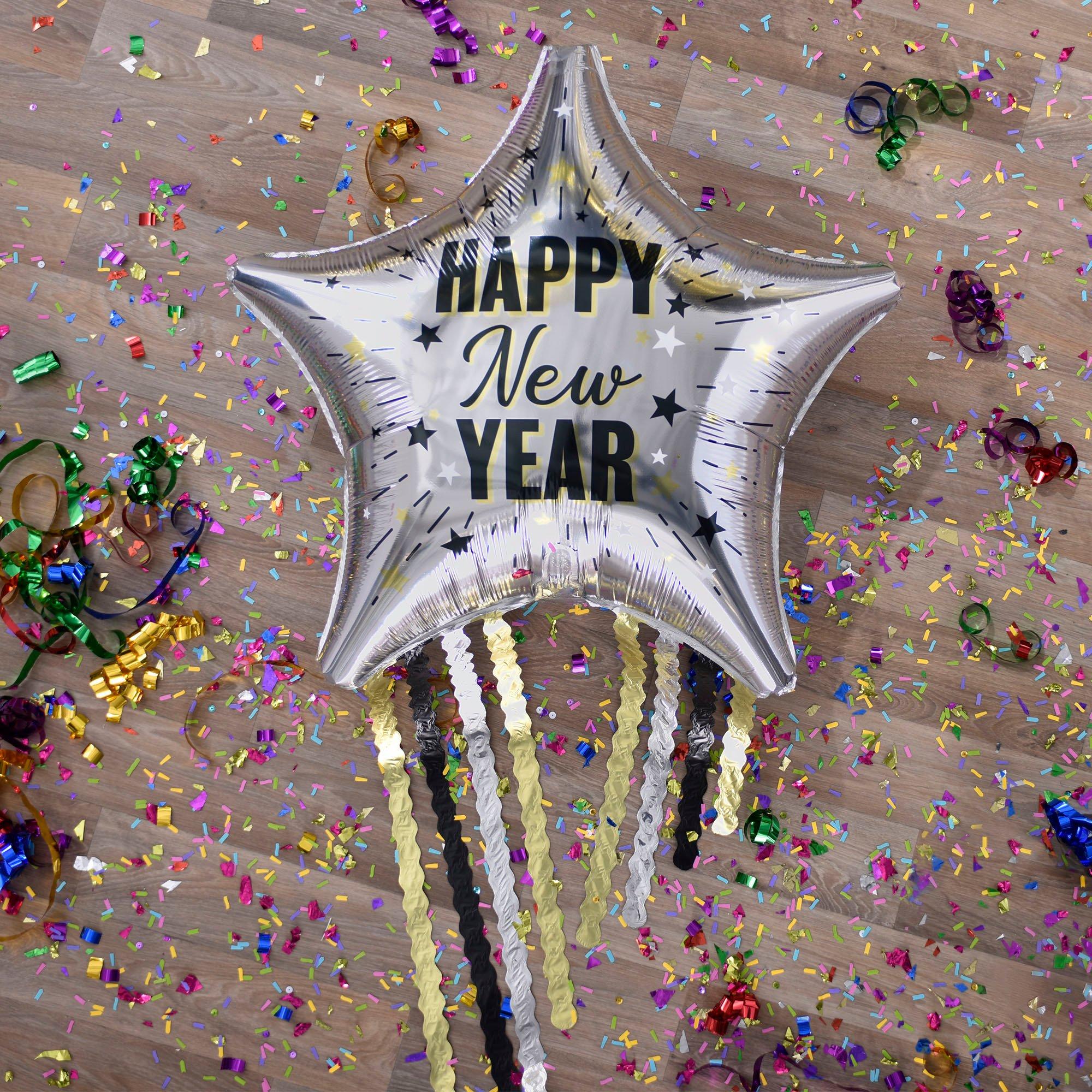 Happy New Year Star Foil Balloon (25in) with Fringe (25in) - Elegant New Year Celebration - Image 3