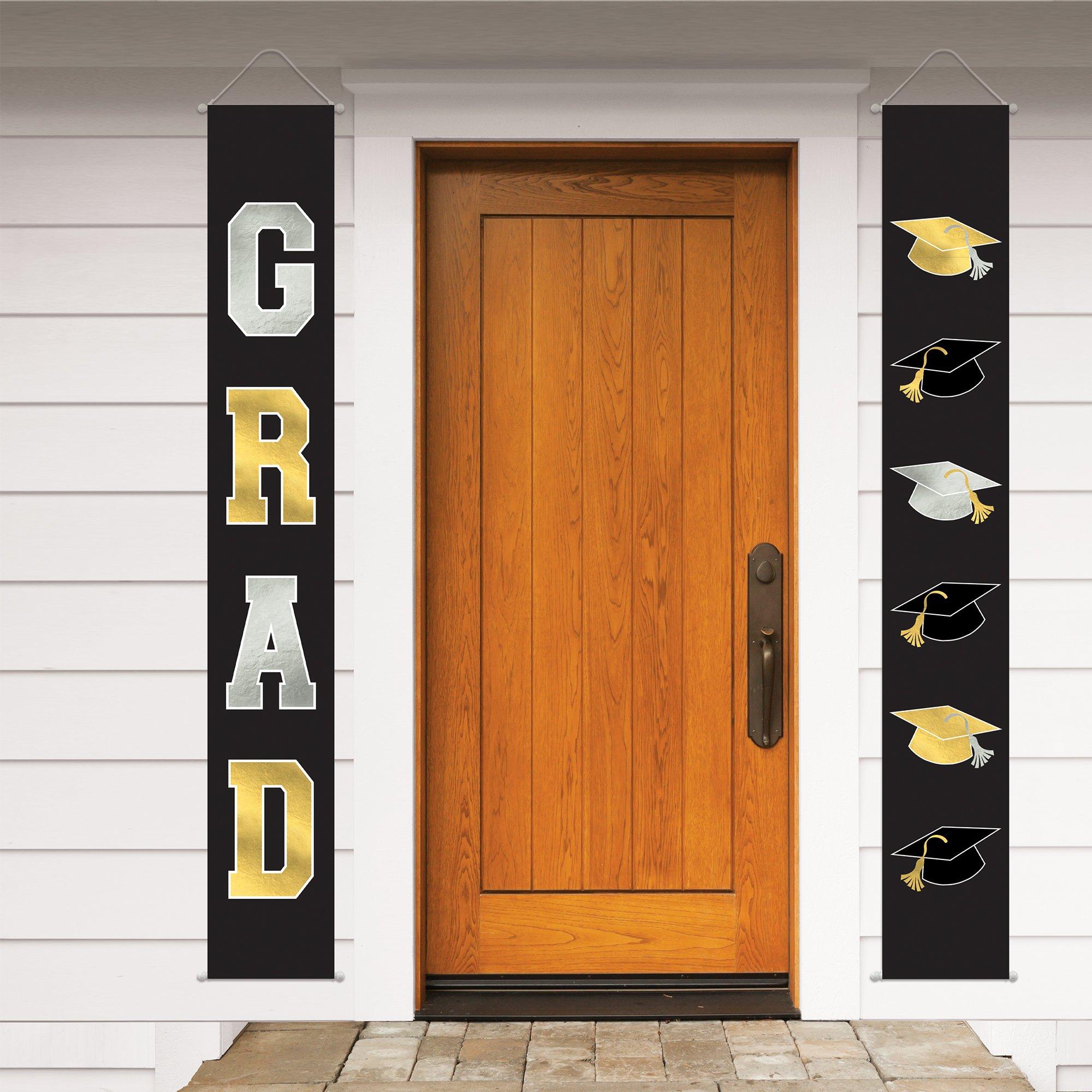 Black. Silver & Gold Graduation Fabric Vertical Banners. 1.1ft x 6ft. 2ct