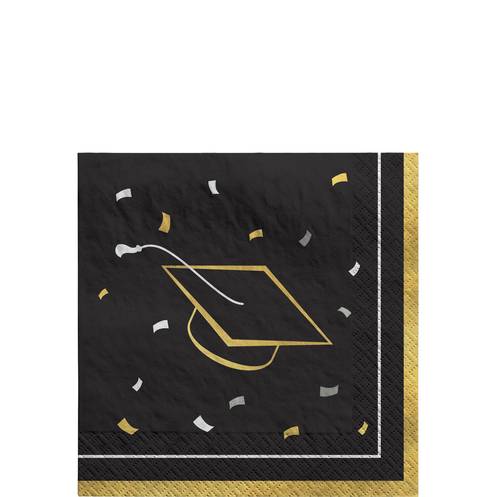 Black. Silver & Gold Grad Cap & Confetti Paper Beverage Napkins. 5in. 40ct - Class Dismissed - Image 2