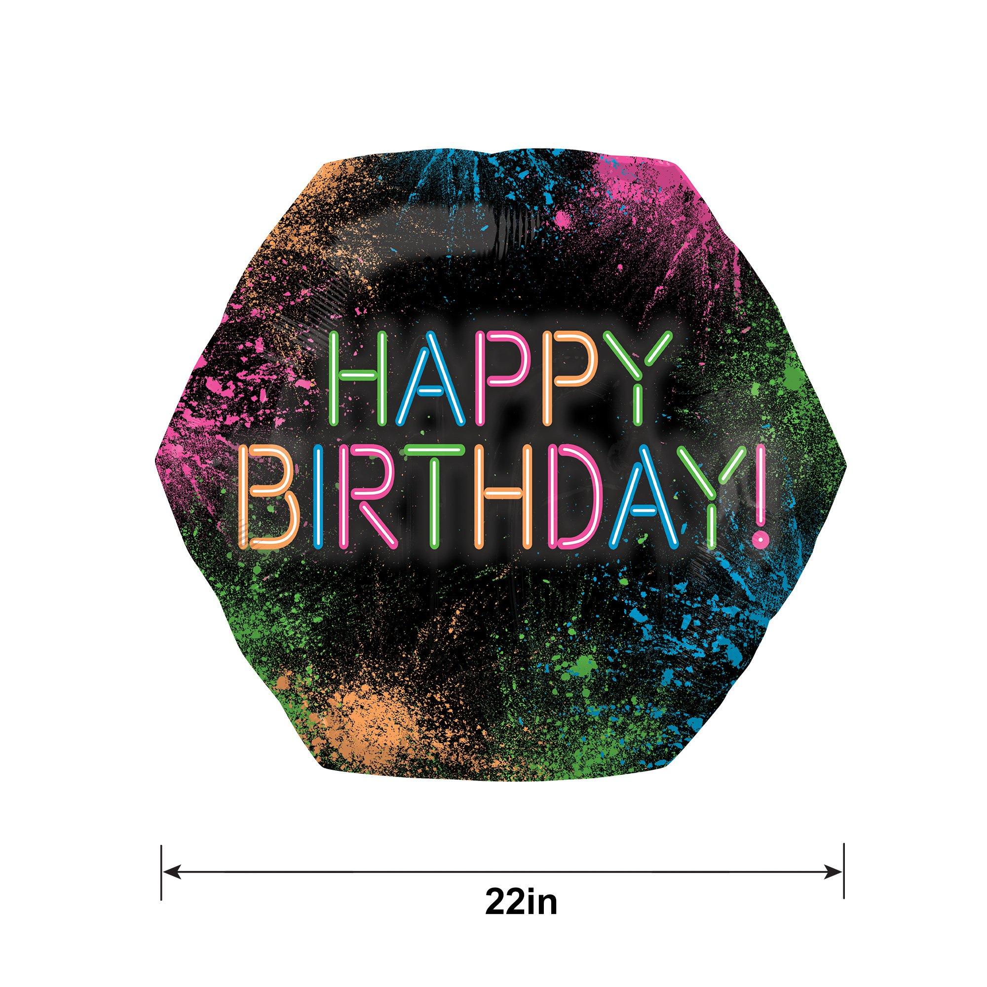 Neon Happy Birthday Hexagonal Foil Balloon. 28in - Let's Glow Crazy - Image 2