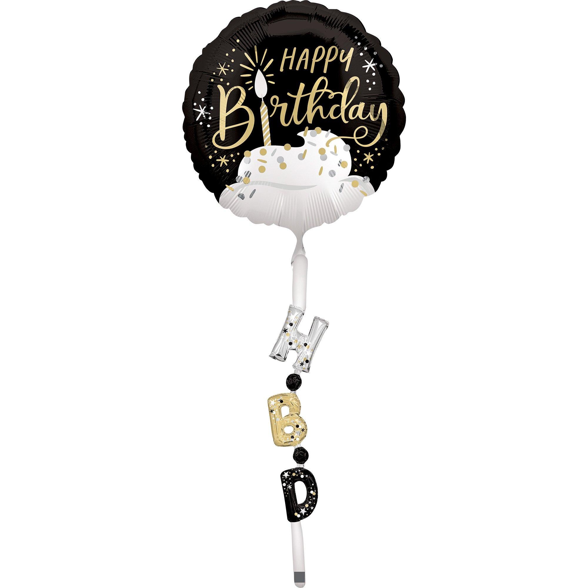 Satin Black. Silver & Gold Happy Birthday Foil Balloon (24in) with Balloon Tail (3.75ft)