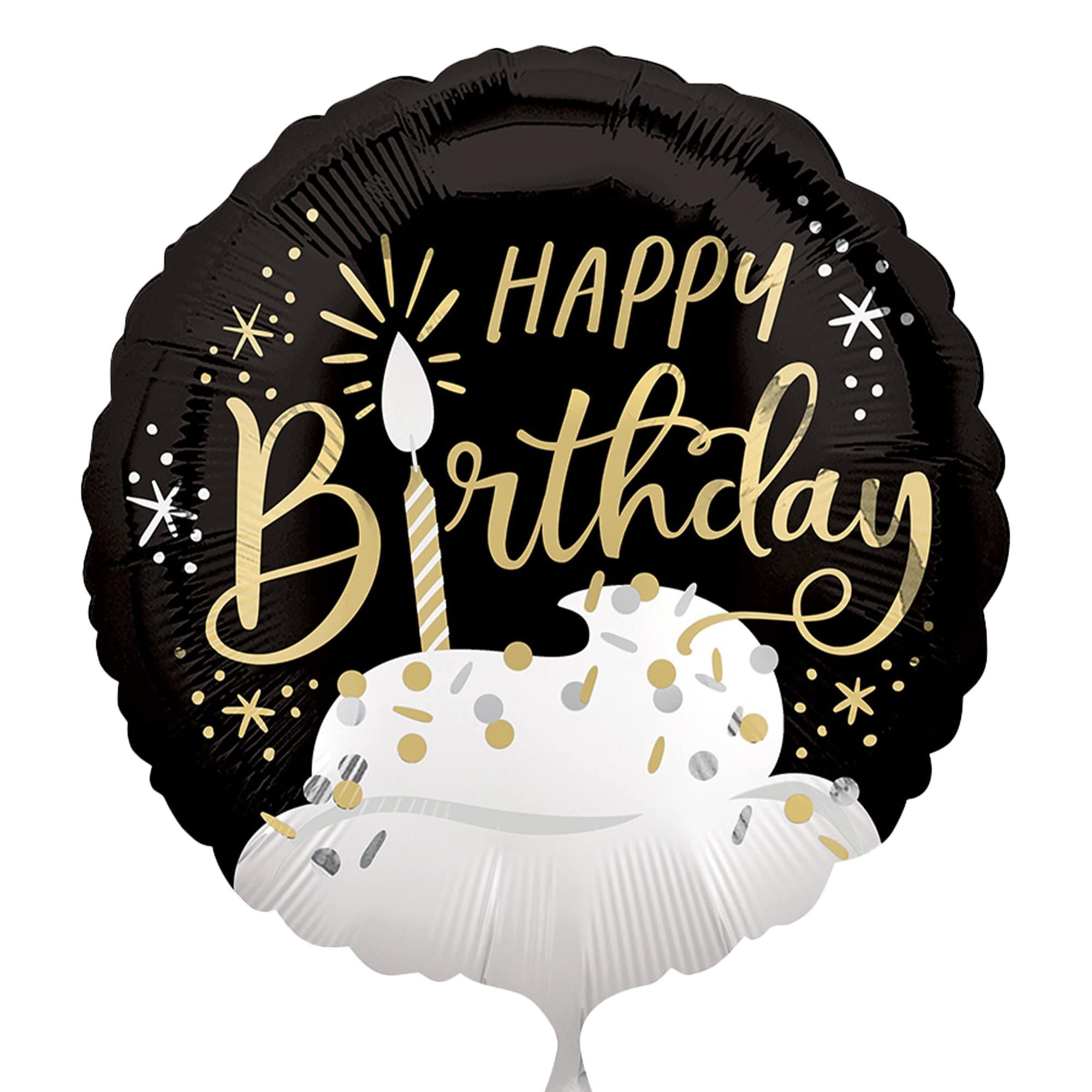 Satin Black. Silver & Gold Happy Birthday Foil Balloon (24in) with Balloon Tail (3.75ft) - Image 2