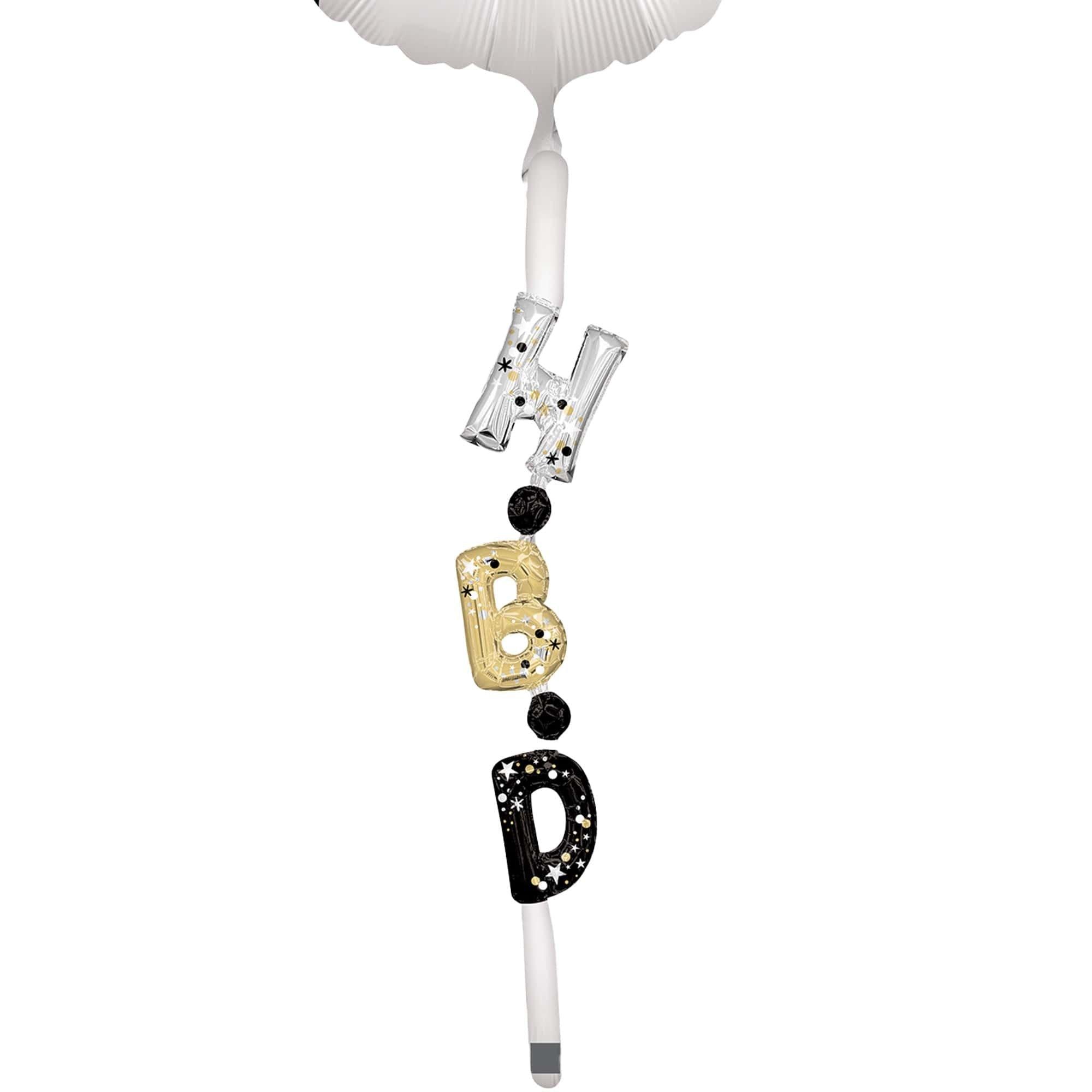 Satin Black. Silver & Gold Happy Birthday Foil Balloon (24in) with Balloon Tail (3.75ft) - Image 3