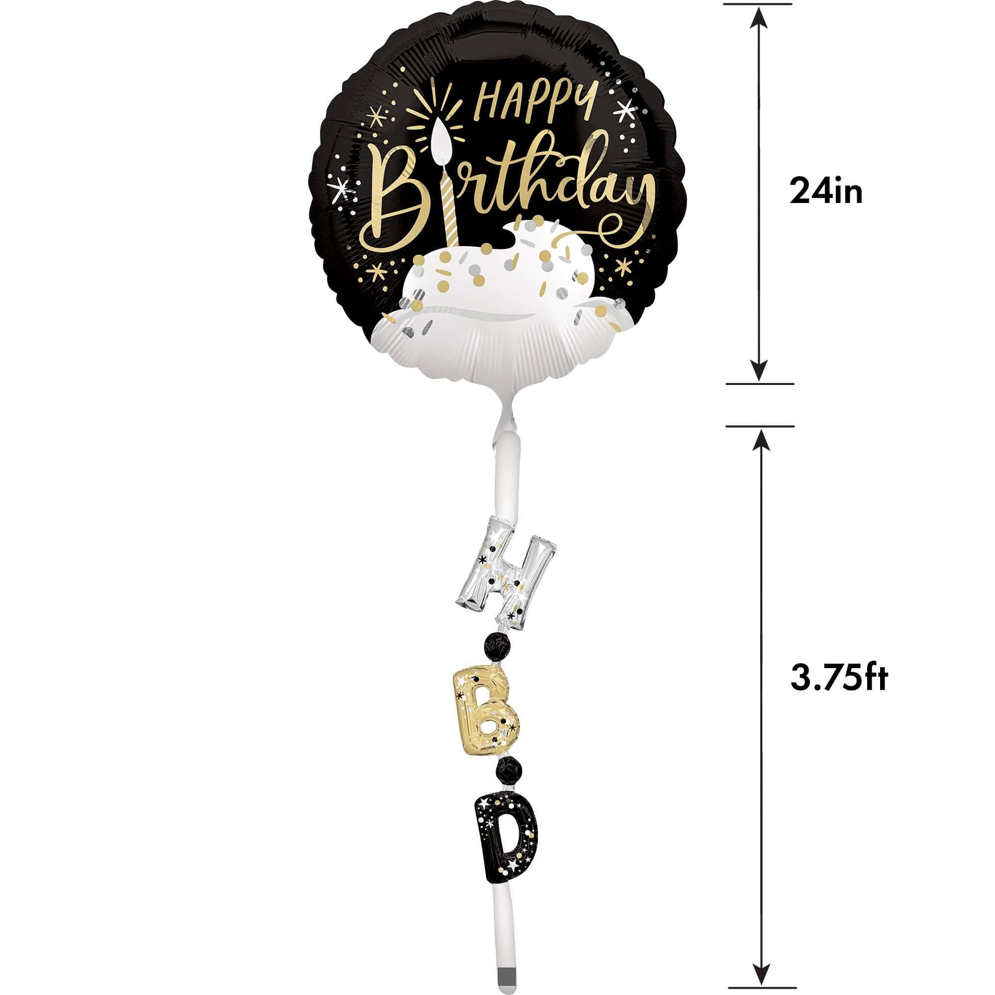 Satin Black. Silver & Gold Happy Birthday Foil Balloon (24in) with Balloon Tail (3.75ft) - Image 4