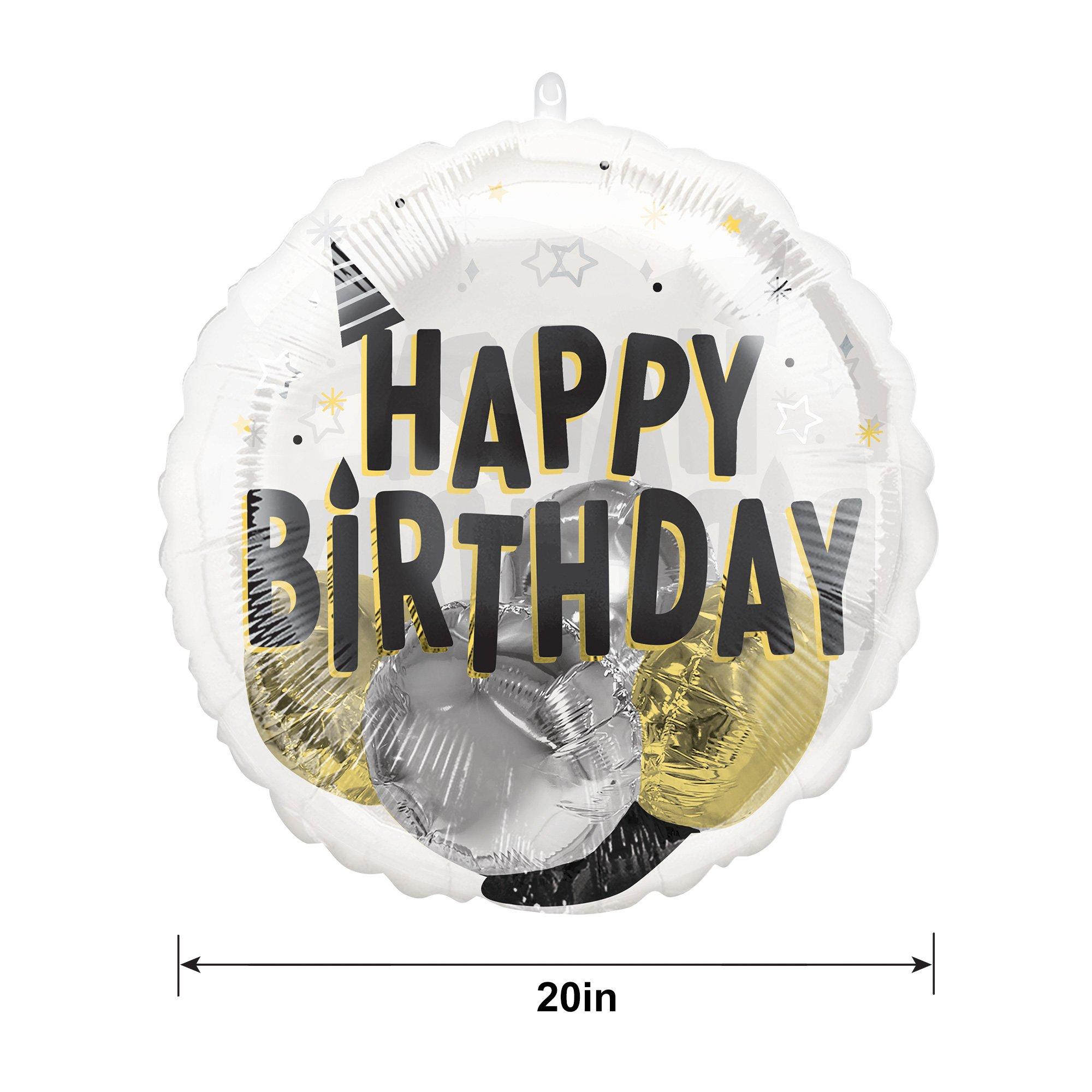 Black. Silver & Gold Happy Birthday Stuffed Plastic Balloon. 20in - Image 2