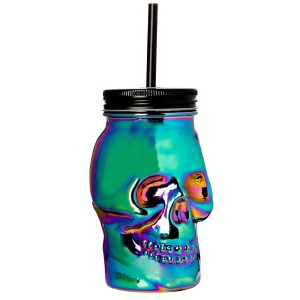 Iridescent Glass Skull Cup with Straw. 16.9oz