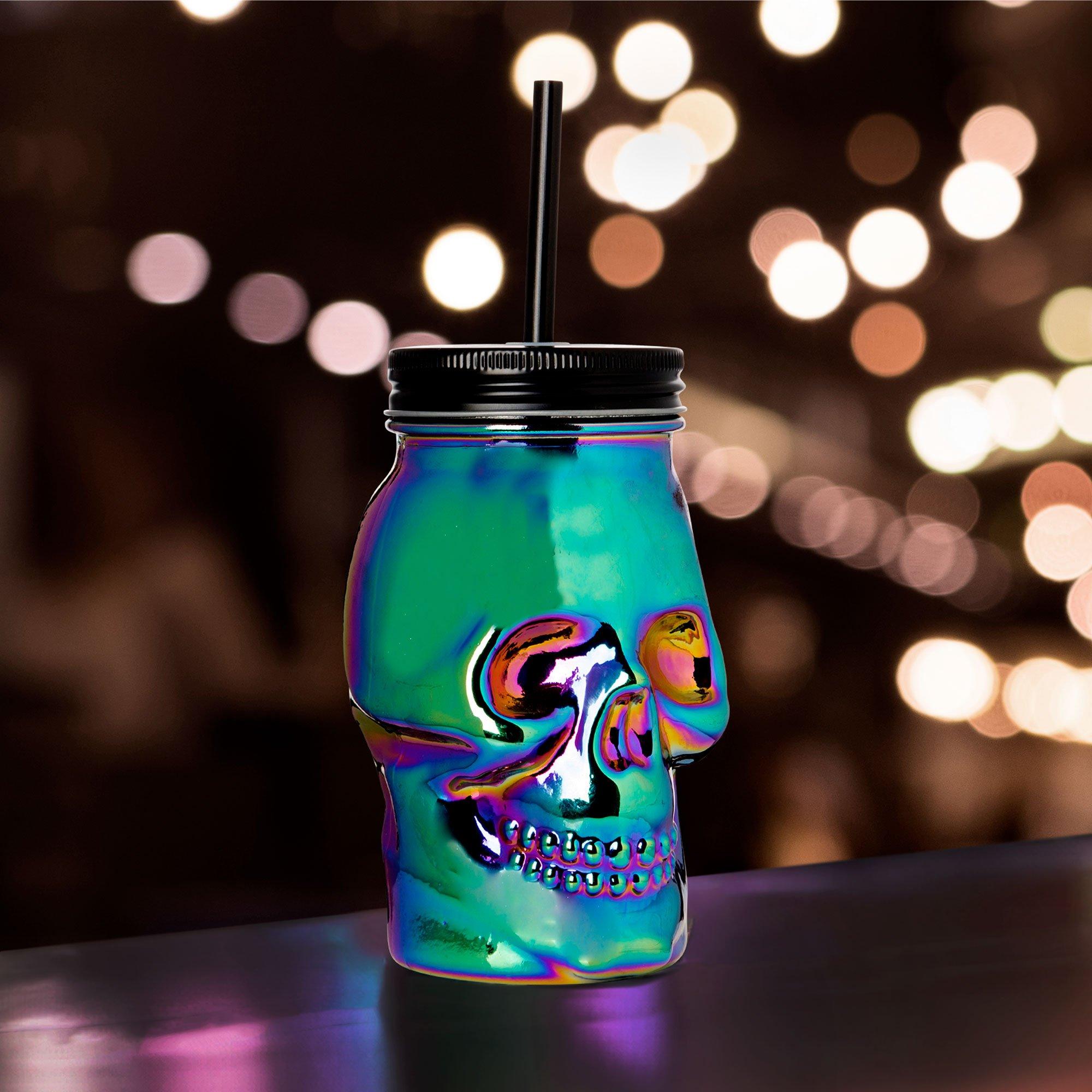 Iridescent Glass Skull Cup with Straw. 16.9oz - Image 3