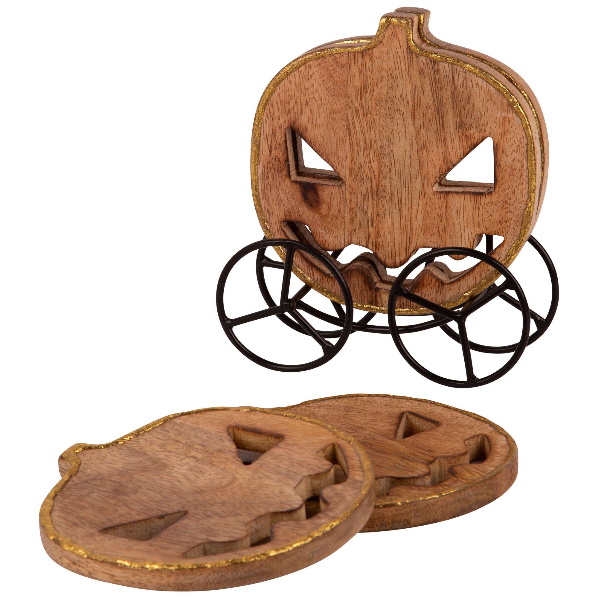 Pumpkin Mangowood Coaster Set with Iron Rack. 5pc - Image 2