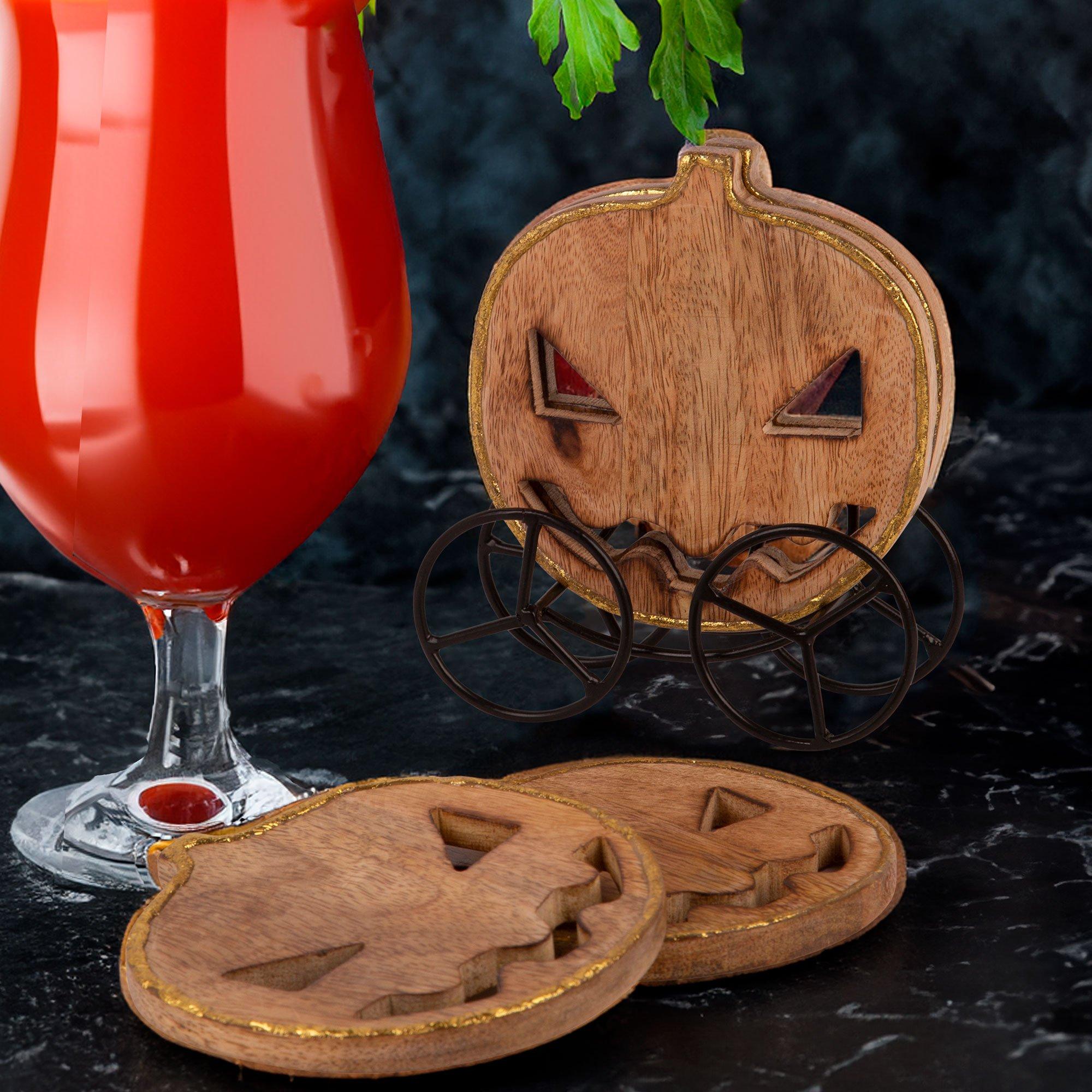 Pumpkin Mangowood Coaster Set with Iron Rack. 5pc - Image 4