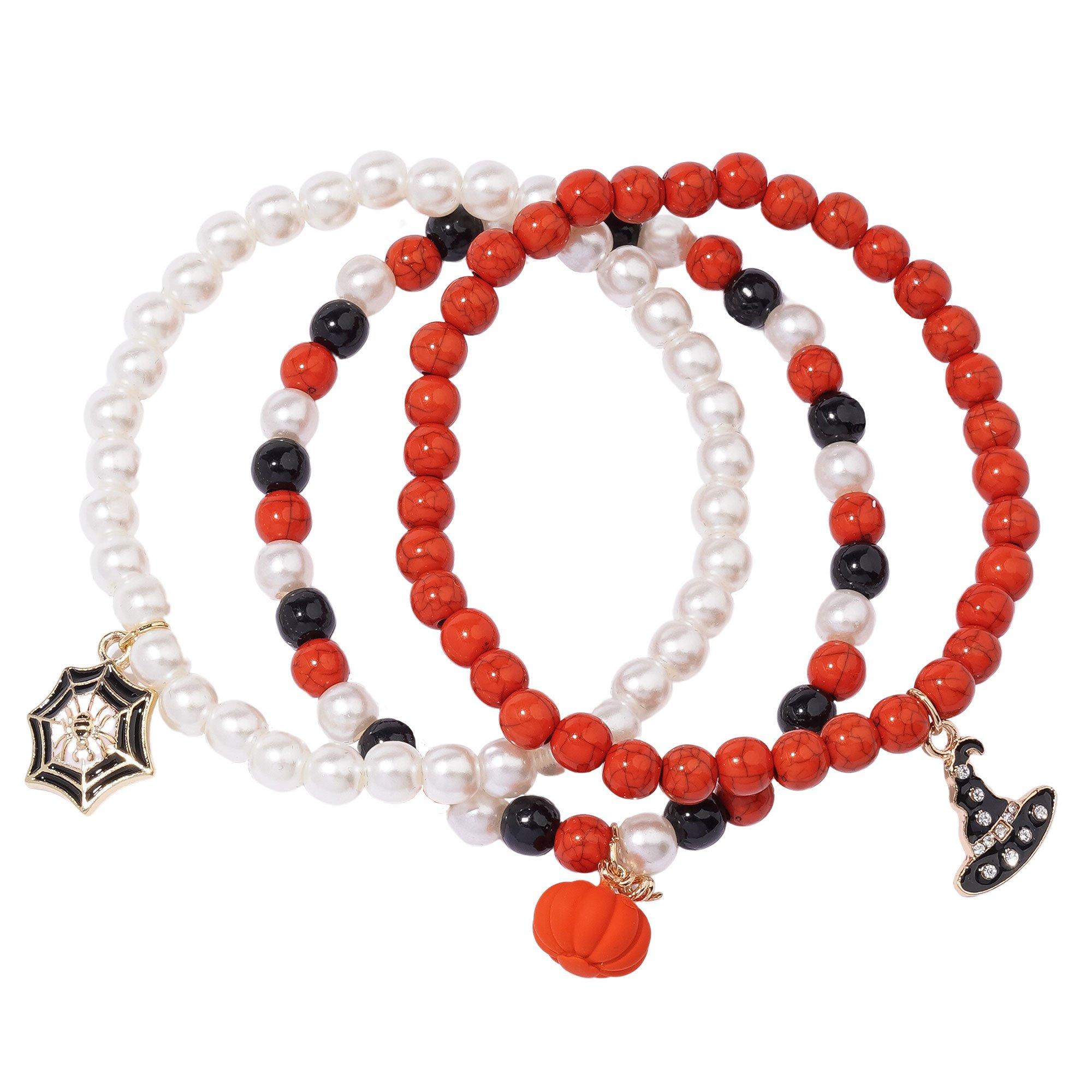 Spider. Pumpkin & Witch Hat Bead Charm Bracelets. 3ct