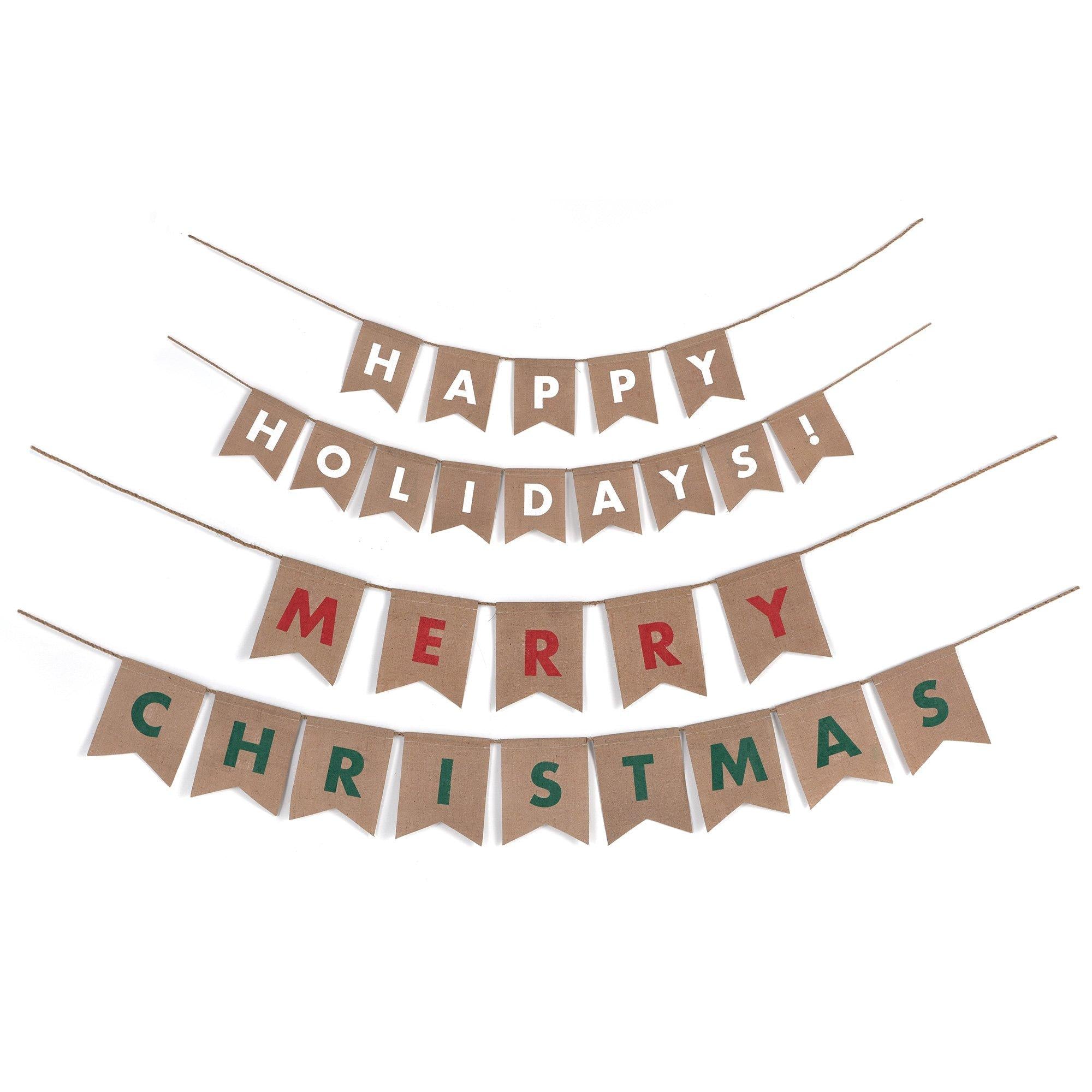 Reversible Merry Christmas & Happy Holidays Burlap Banner Set. 8ft. 2pc