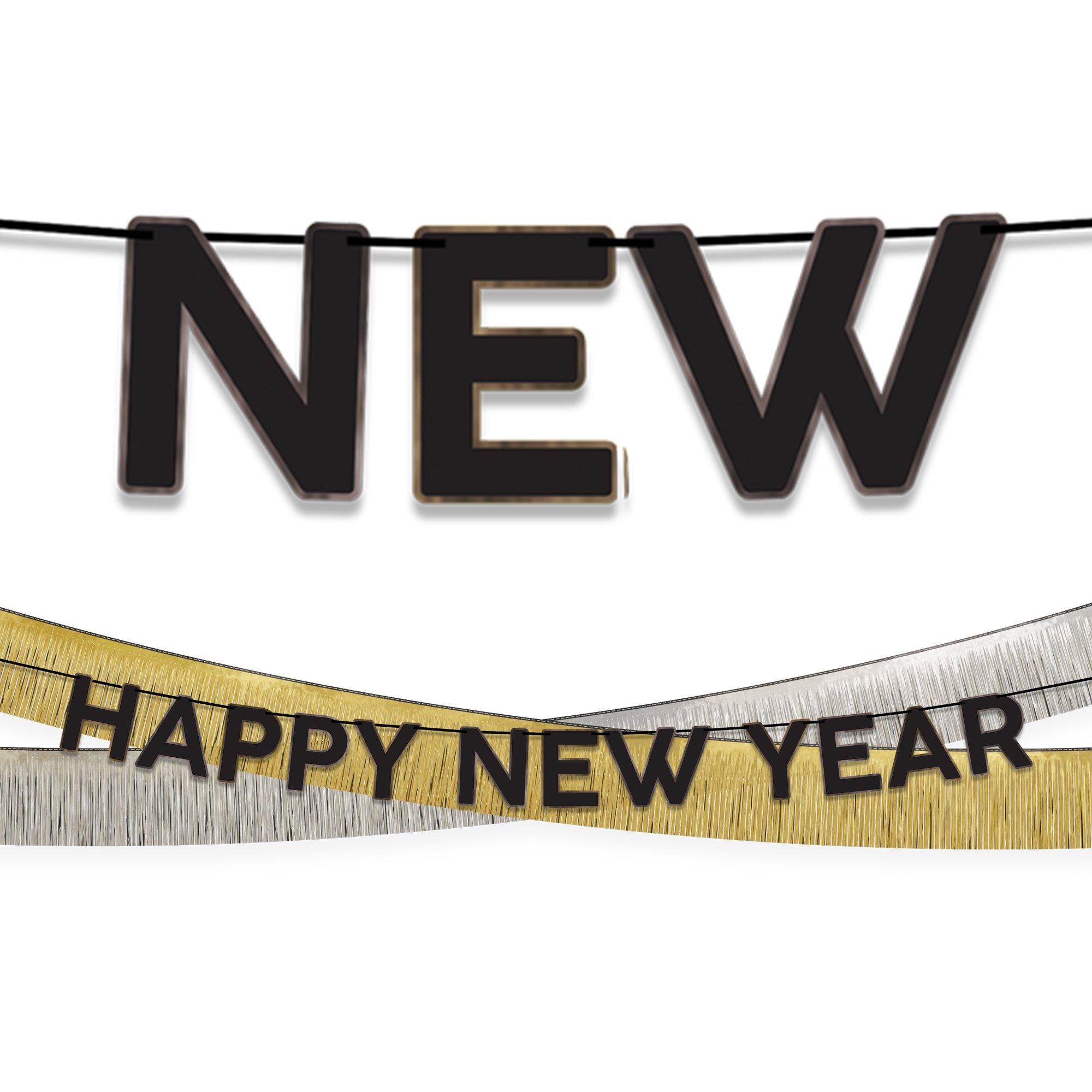Black. Silver & Gold Happy New Year Cardstock & Tinsel Banner Set. 3pc