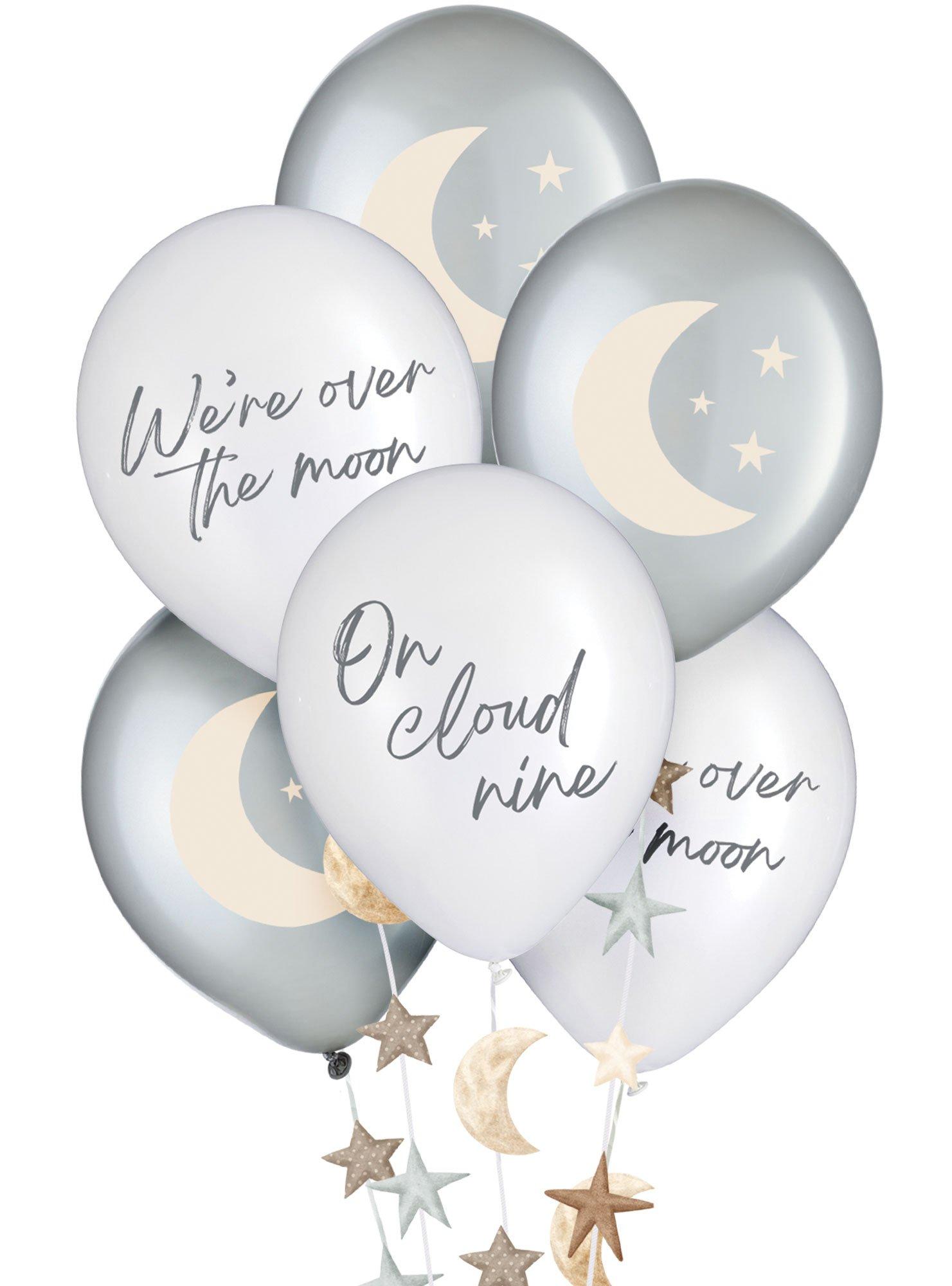 Over the Moon Baby Shower Latex Balloons. 12in. 6ct. with Balloon Tails - Image 2