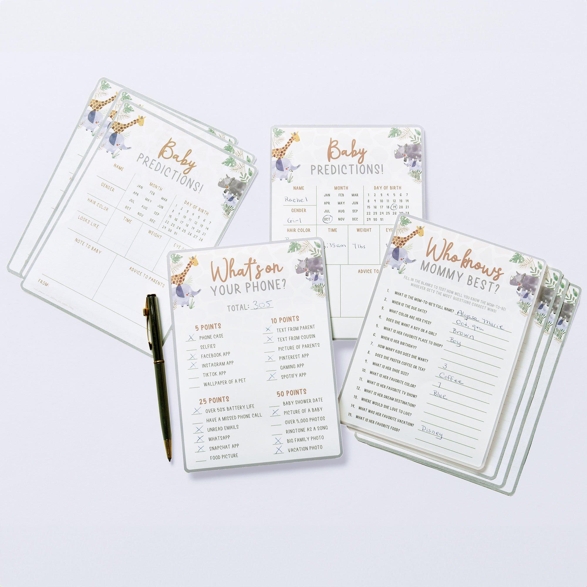 Soft Jungle Baby Shower Games for 25 Guests. 75 Sheets. 3 Games - Baby Predictions. What's on Your Phone & Who Knows Mommy Best - Image 2
