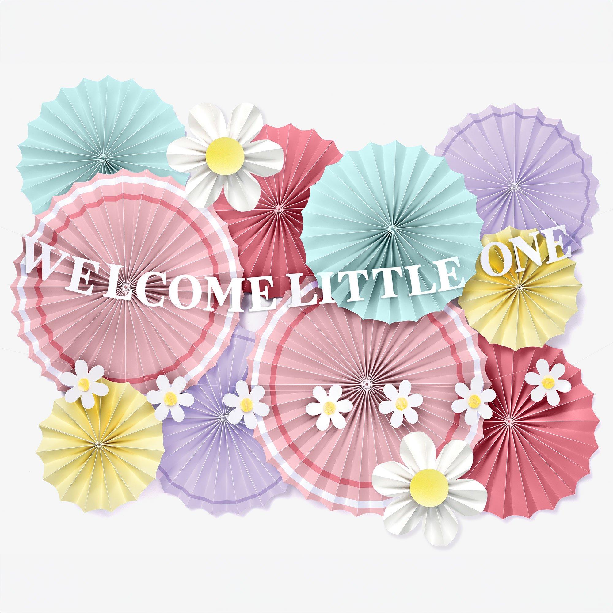 Little Daisy Welcome Little One Baby Shower Paper Fan Room Decorating Kit. 14pc - Image 2