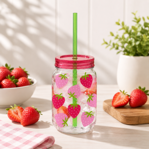 Summer Strawberry Plastic Mason Jar Cup with Straw. 16oz