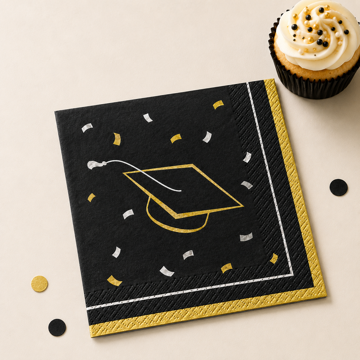 Black. Silver & Gold Grad Cap & Confetti Paper Beverage Napkins. 5in. 40ct - Class Dismissed